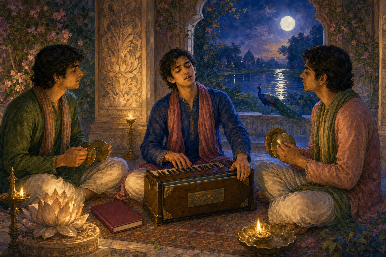 A singer plays a harmonium with two companions in a lamplit temple alcove decorated with floral motifs overlooking a moonlit river.