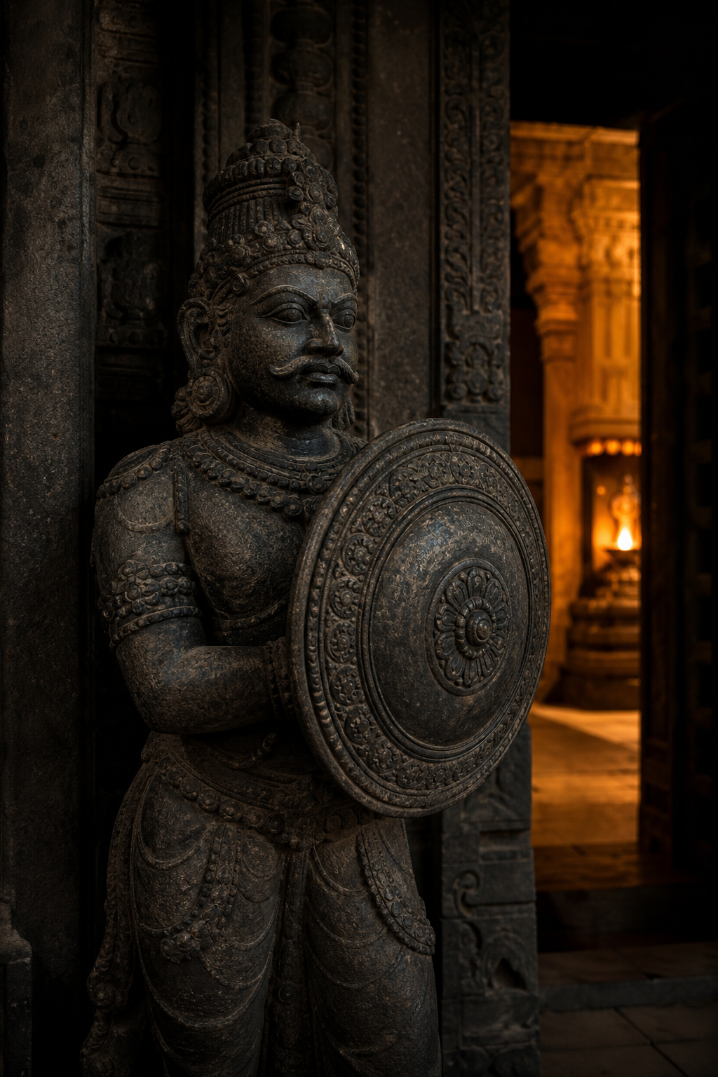 A carved temple guardian holds a round shield between a dark passage and a lamp-lit sanctuary.