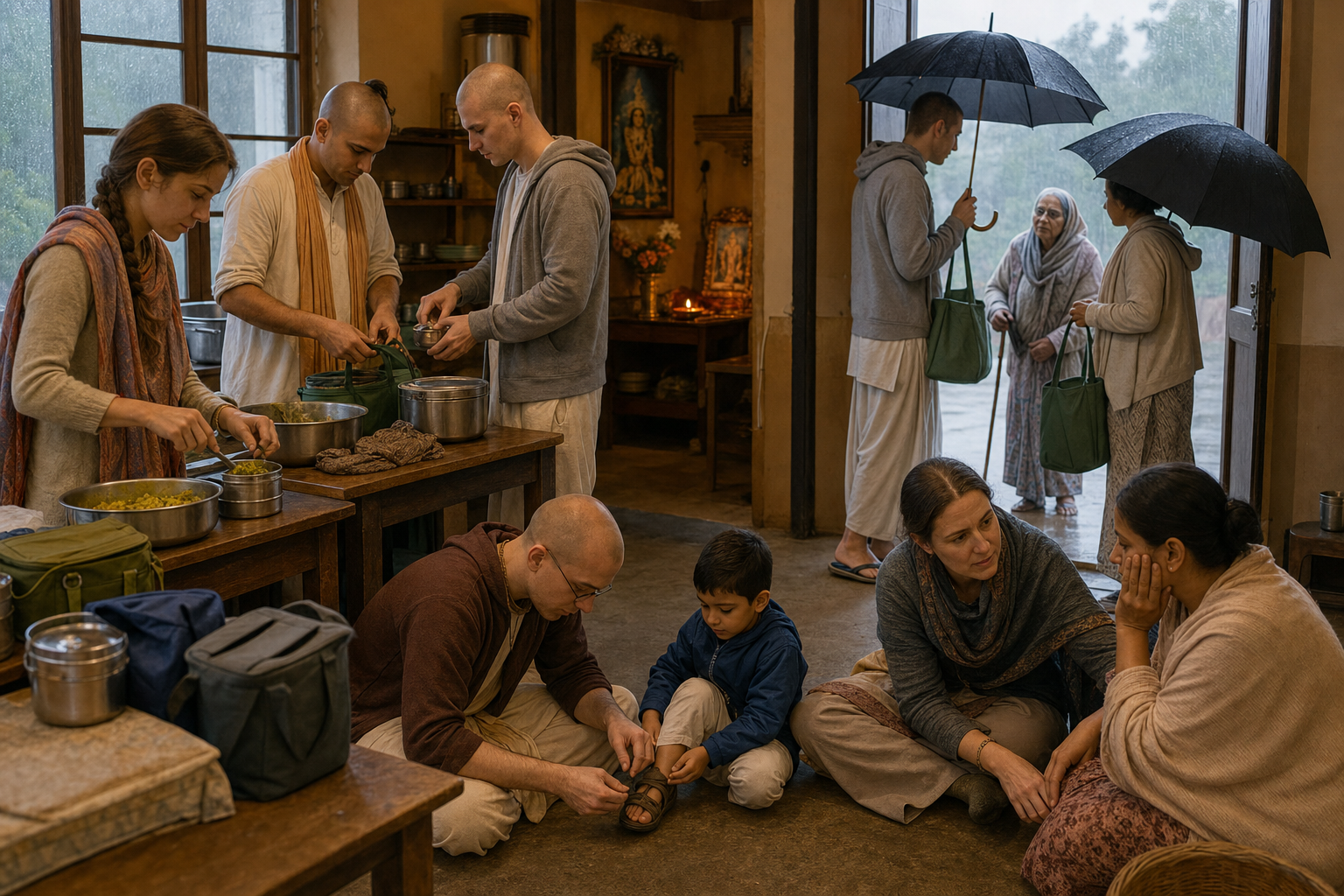 Community members pack vegetarian meals, help a child, support a tired person, and prepare a food delivery on a rainy weekday.