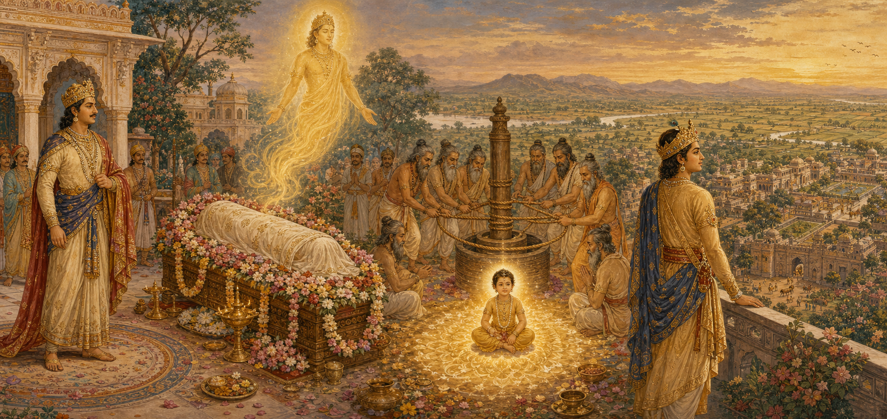 Vashishta stands between a sacrifice already in progress and messengers waiting beside King Nimi's prepared ritual altar, representing two competing obligations.