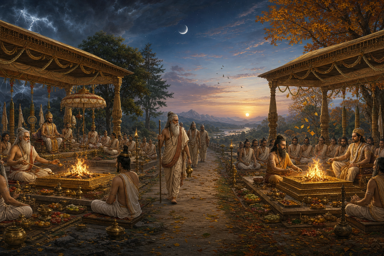 King Nimi and Vashishta exchange ritual gestures across a fading altar fire as a luminous form separates from Nimi's seated body and nearby priests look on.