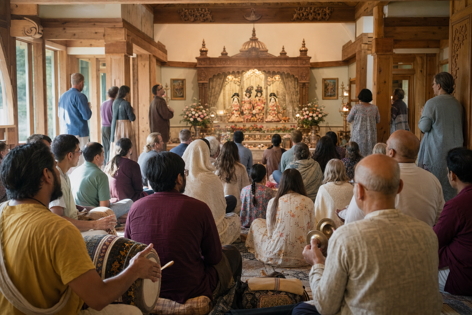 A multigenerational congregation gathers for devotional music and worship inside a flower-decorated temple hall.