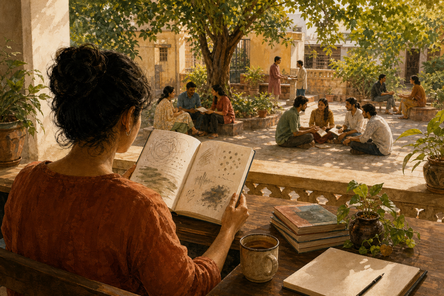 A reader sits with an open journal overlooking a courtyard where small groups of people talk, exchange books and help one another.