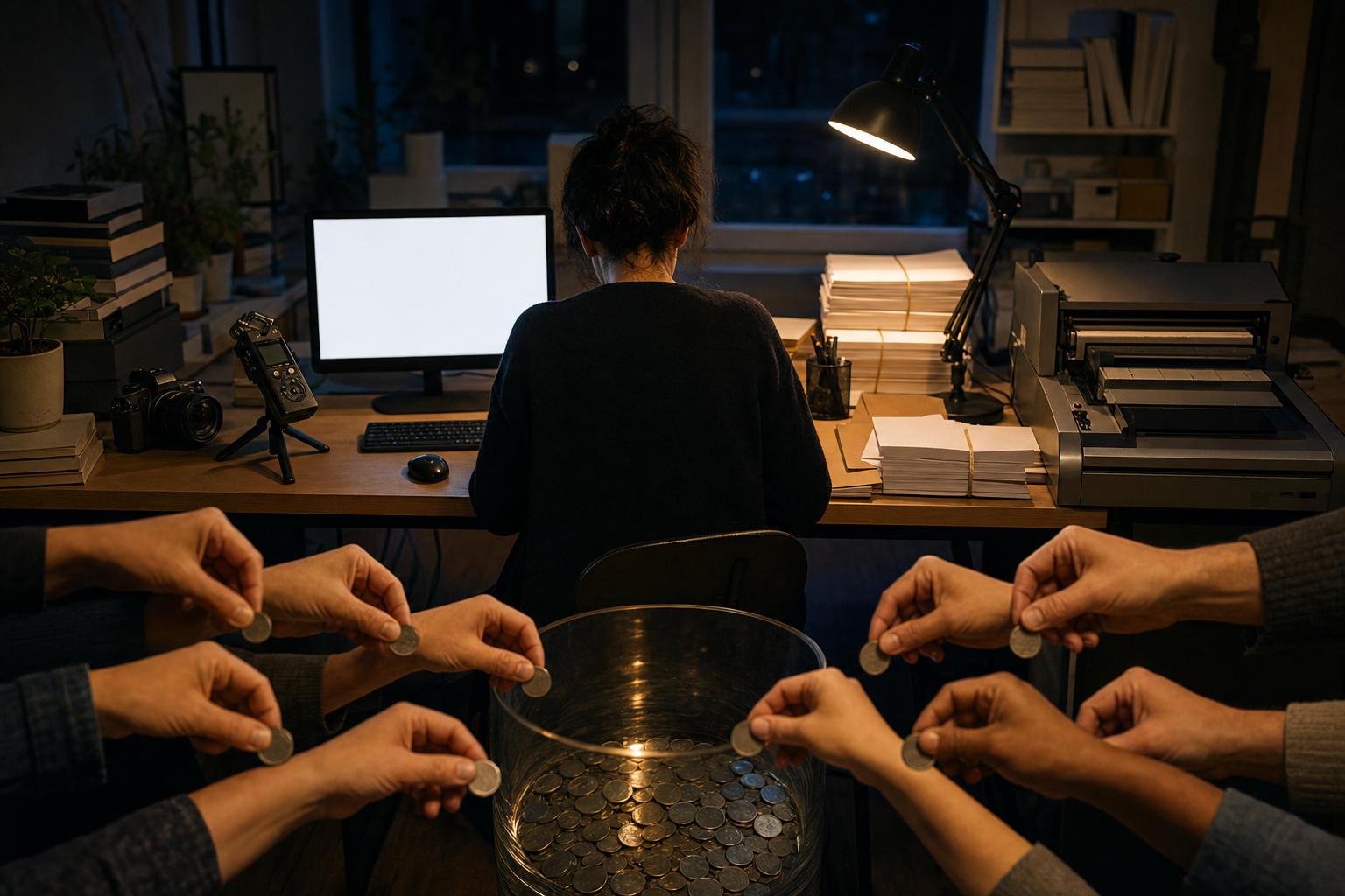 An editor works at a lamp-lit desk with publishing equipment while several hands place coins into a clear communal vessel.
