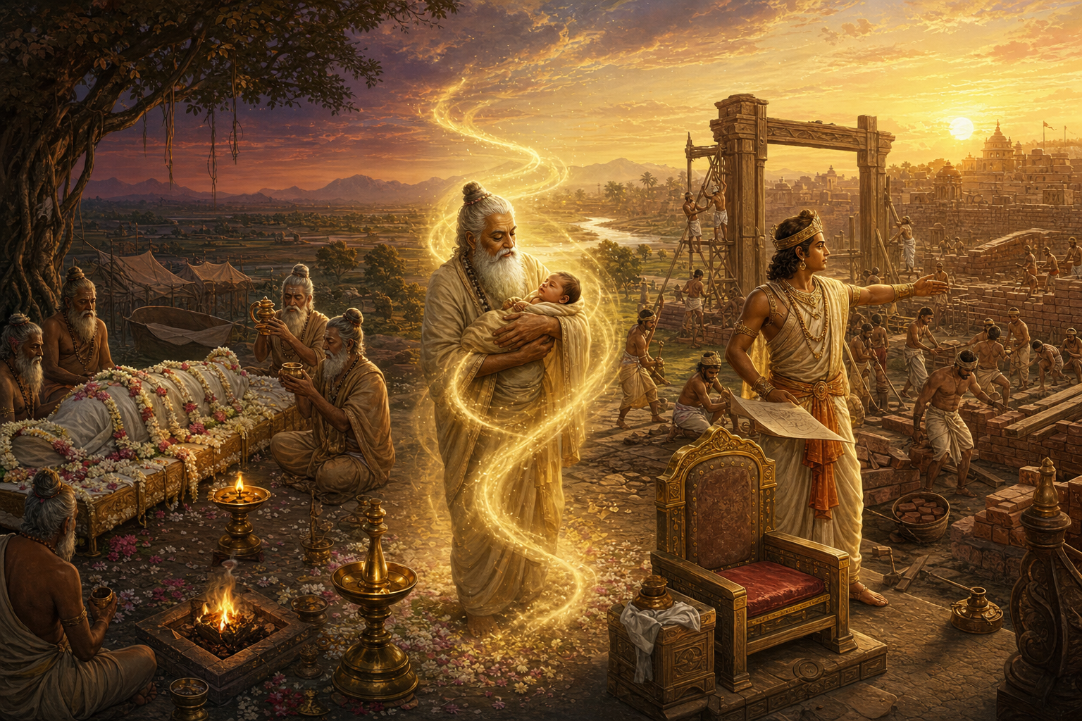 Sages perform a rite beside King Nimi's shrouded body, an elder holds the infant Mithi, and the grown heir oversees the building of a walled city.