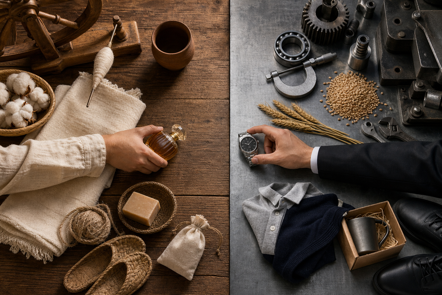 A divided table pairs homespun cotton and spinning tools with modern factory goods as two hands remove imported luxury objects from the center.