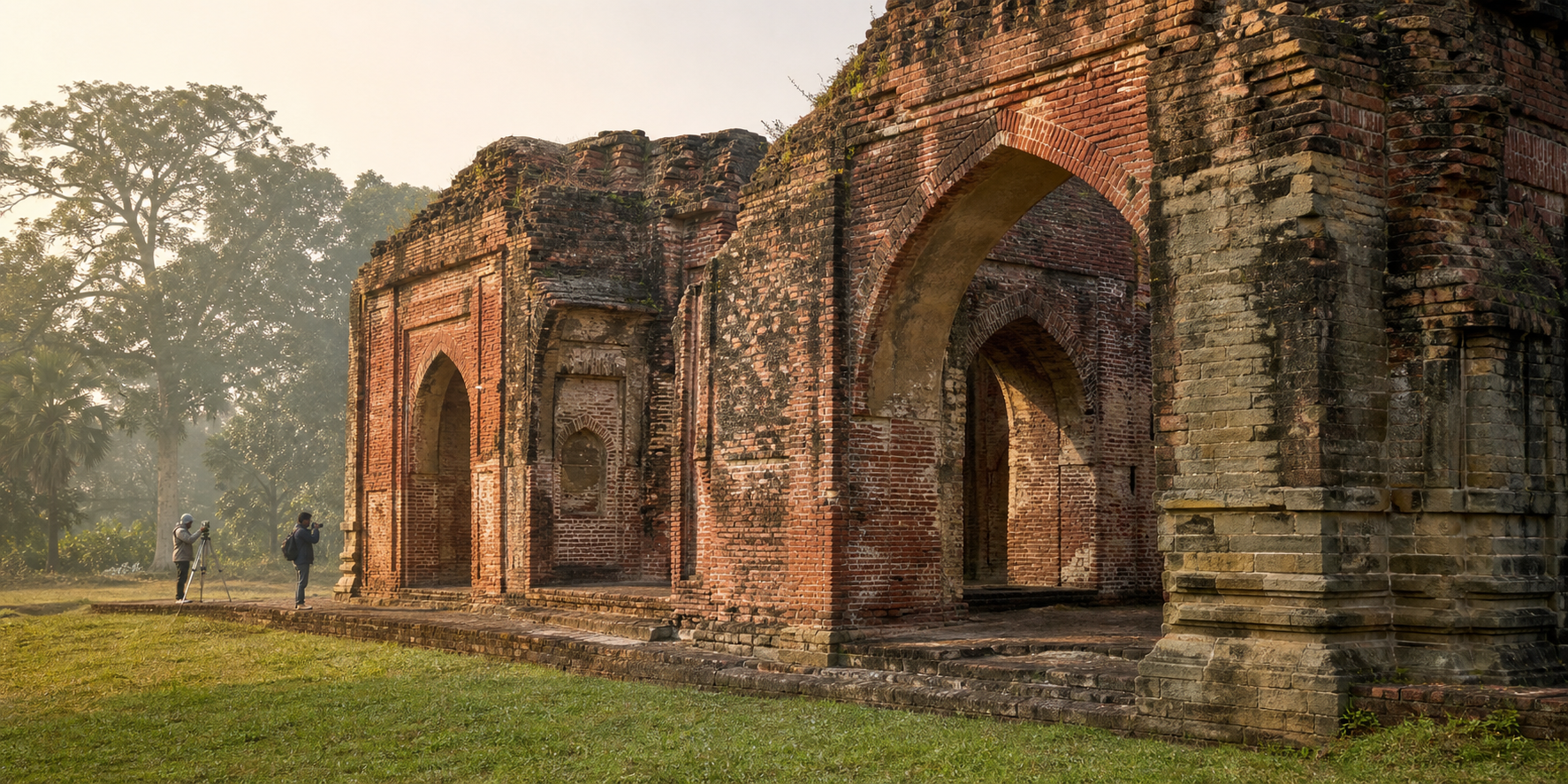 Weathered arches and masonry at the Adina Mosque complex, with two heritage researchers surveying the structure from the courtyard.
