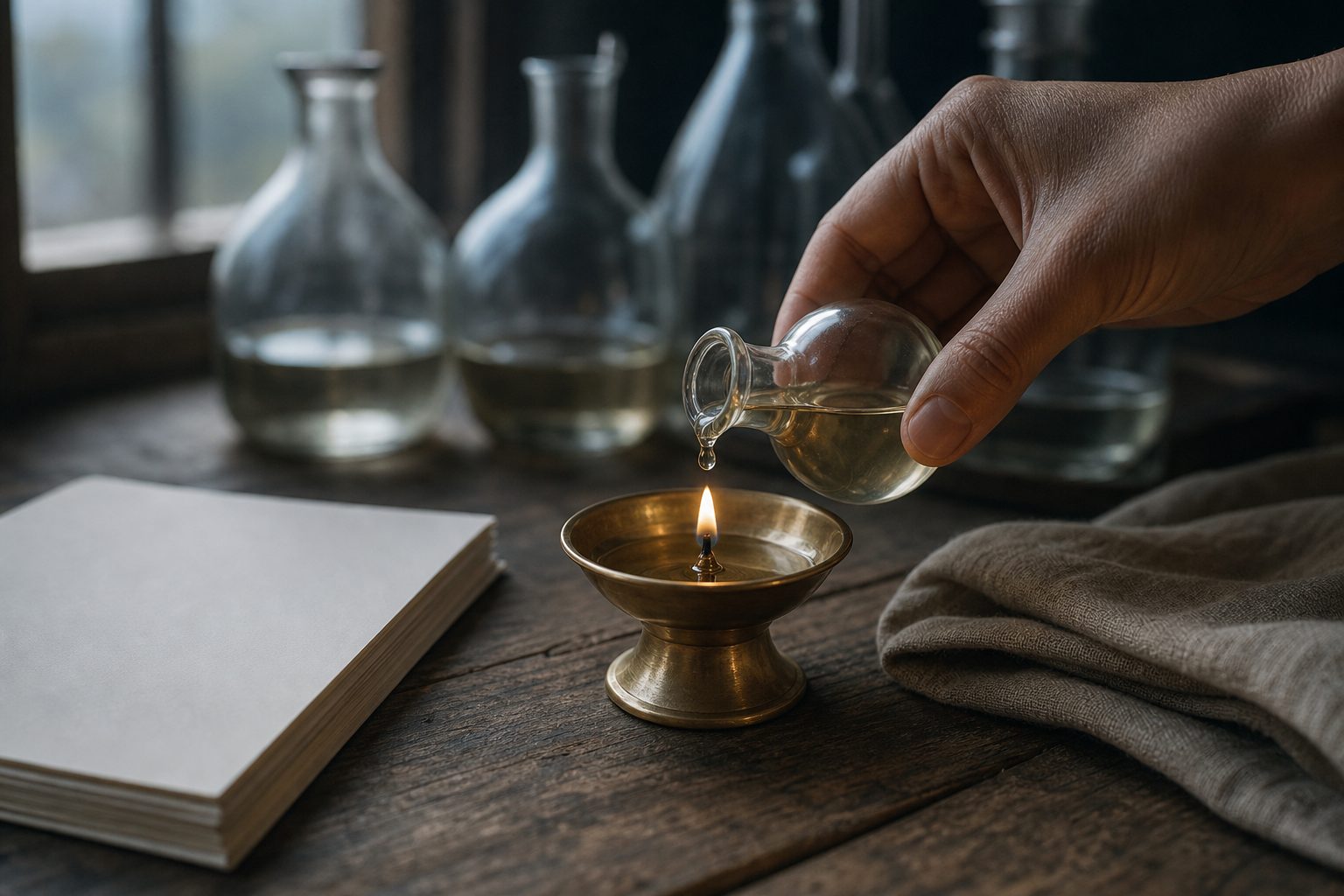 A hand adds a measured drop of oil to a steadily burning brass lamp on a wooden table beside blank pages.