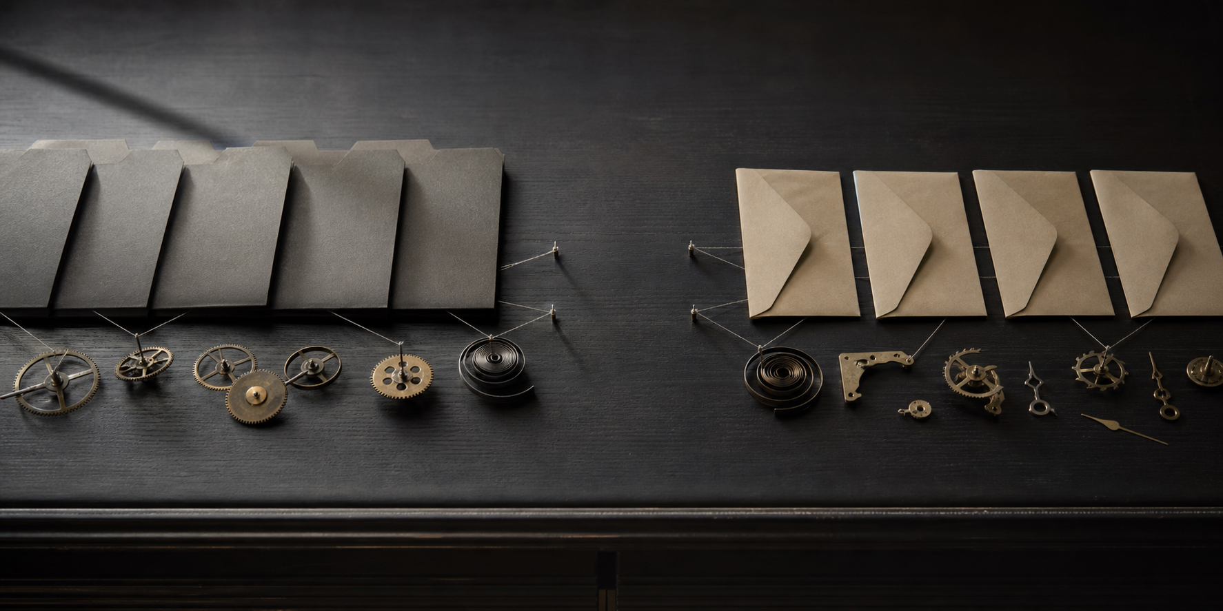 Document folders, clock parts and sealed envelopes form a chronological sequence with a visible gap between two groups of evidence.