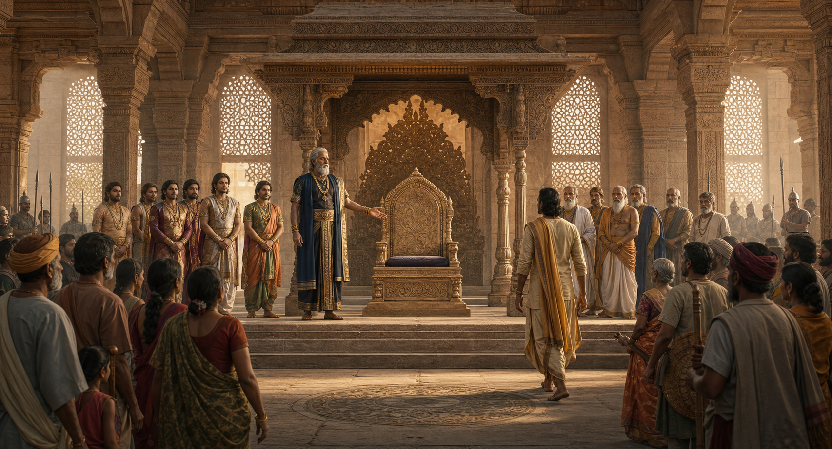 An elder king stands beside an empty throne and gestures toward a candidate approaching before an assembled royal court and members of the public.