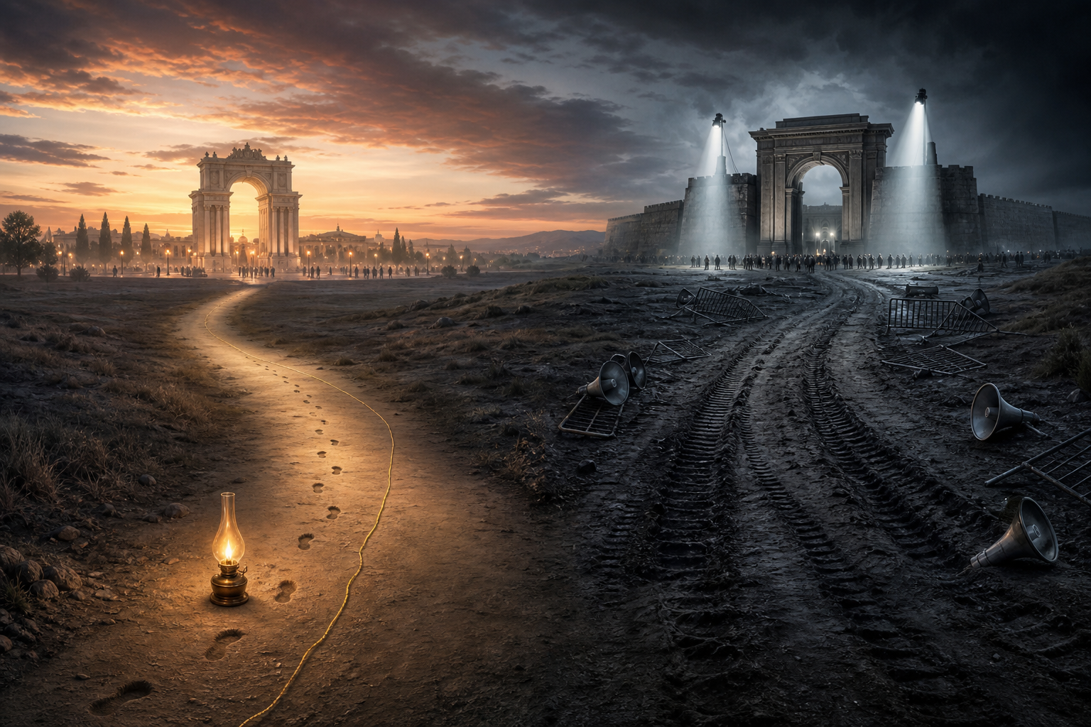 A forked road separates a lamp-lit path with bare footprints from a harshly lit path bordered by toppled barriers and scattered megaphones.