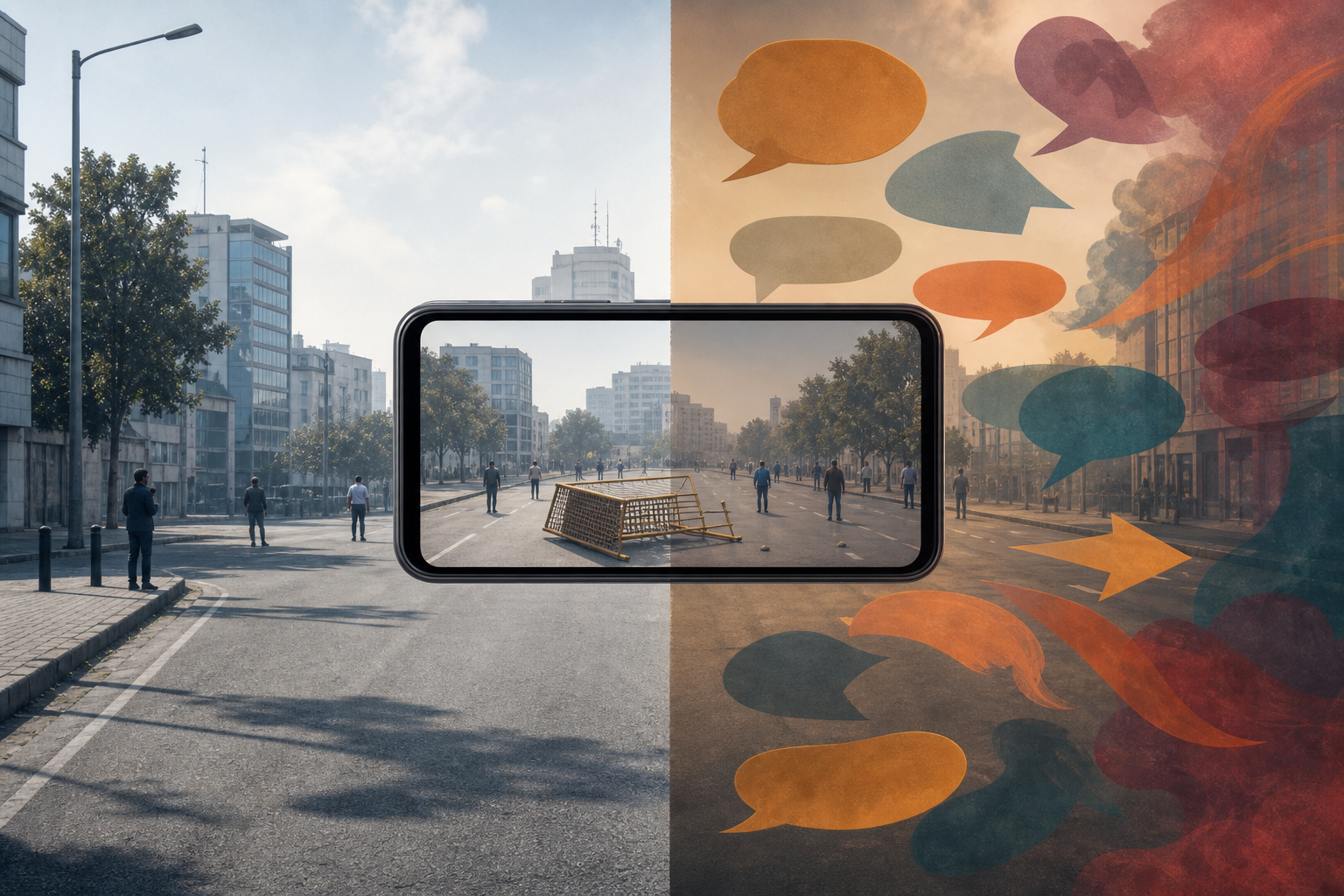A smartphone image of a street scene is divided between clearly visible physical details and translucent narrative-like shapes surrounding it.