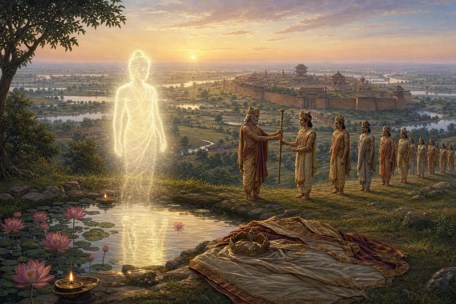 An empty royal robe beneath a hovering luminous figure leads to a succession of rulers and a distant fortified city surrounded by fertile fields.