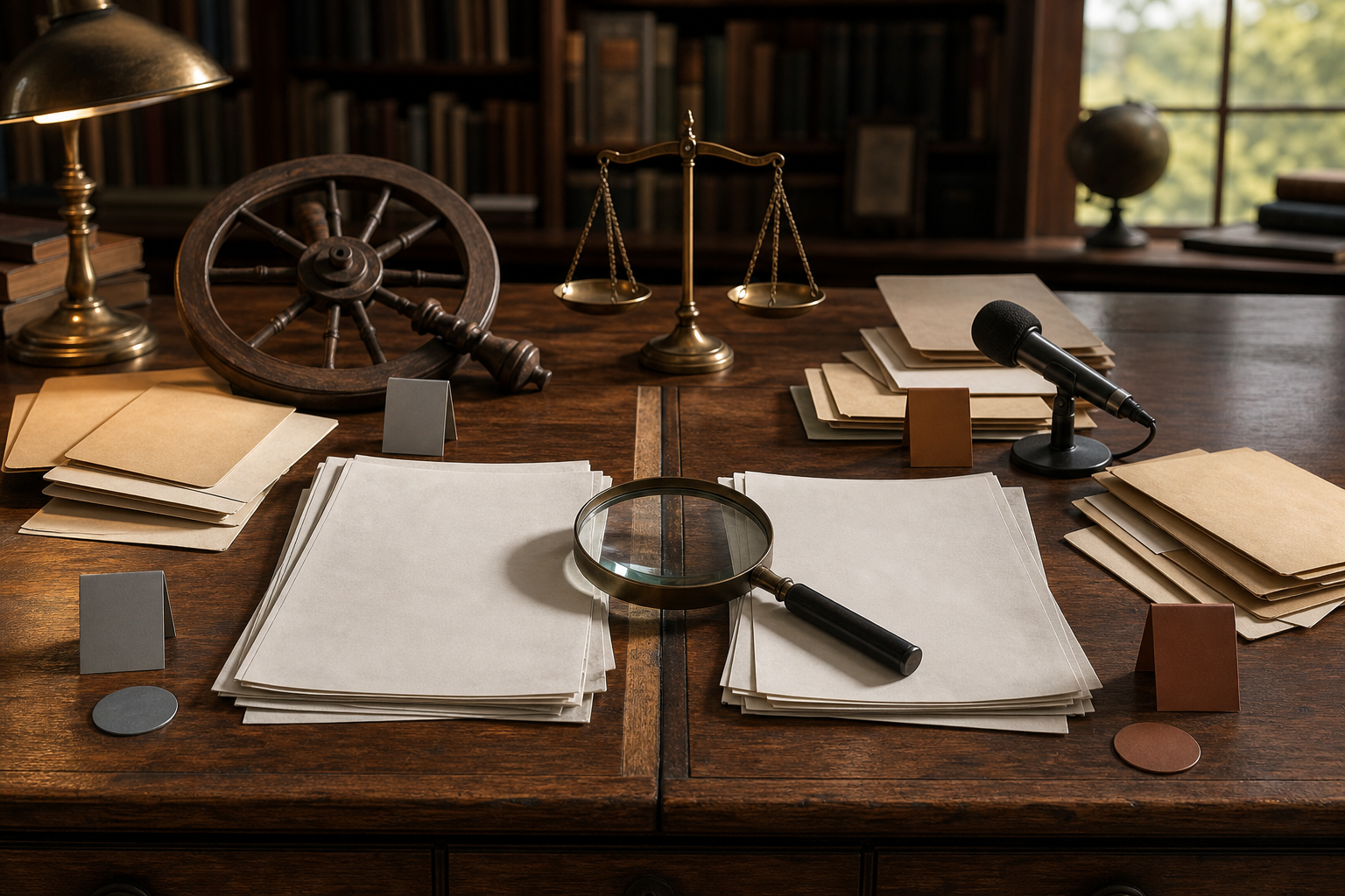 A magnifying glass, blank documents, archival folders, a spinning-wheel part, a microphone, and a balance scale are arranged for comparison on a research desk.