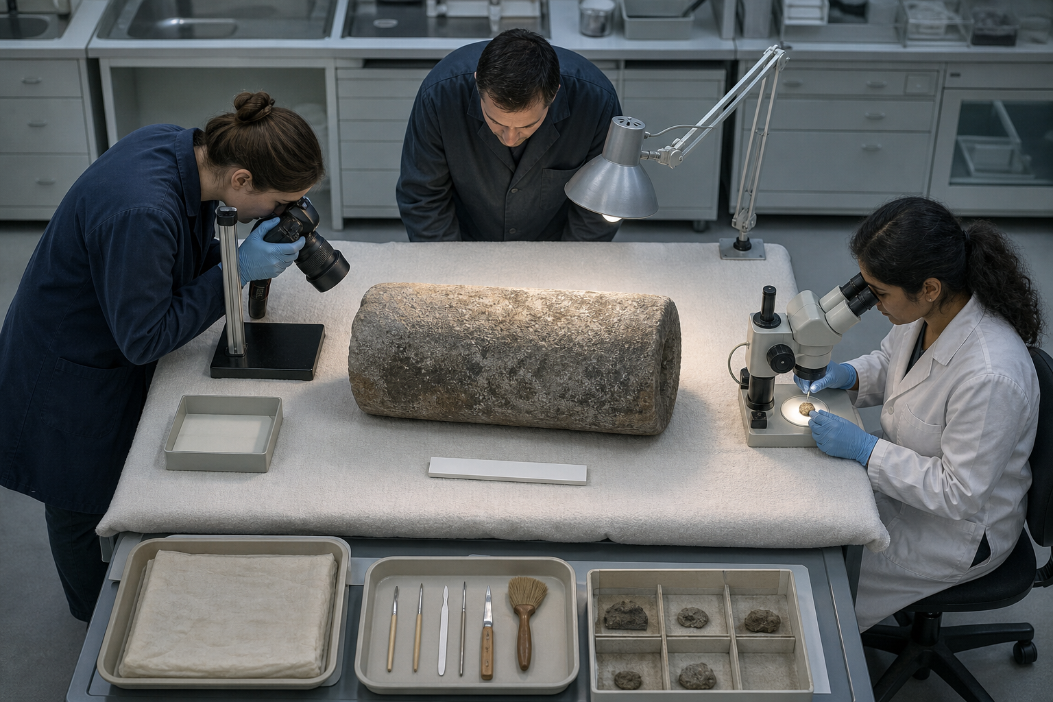 Three specialists document and examine a weathered cylindrical stone object on a padded conservation table.