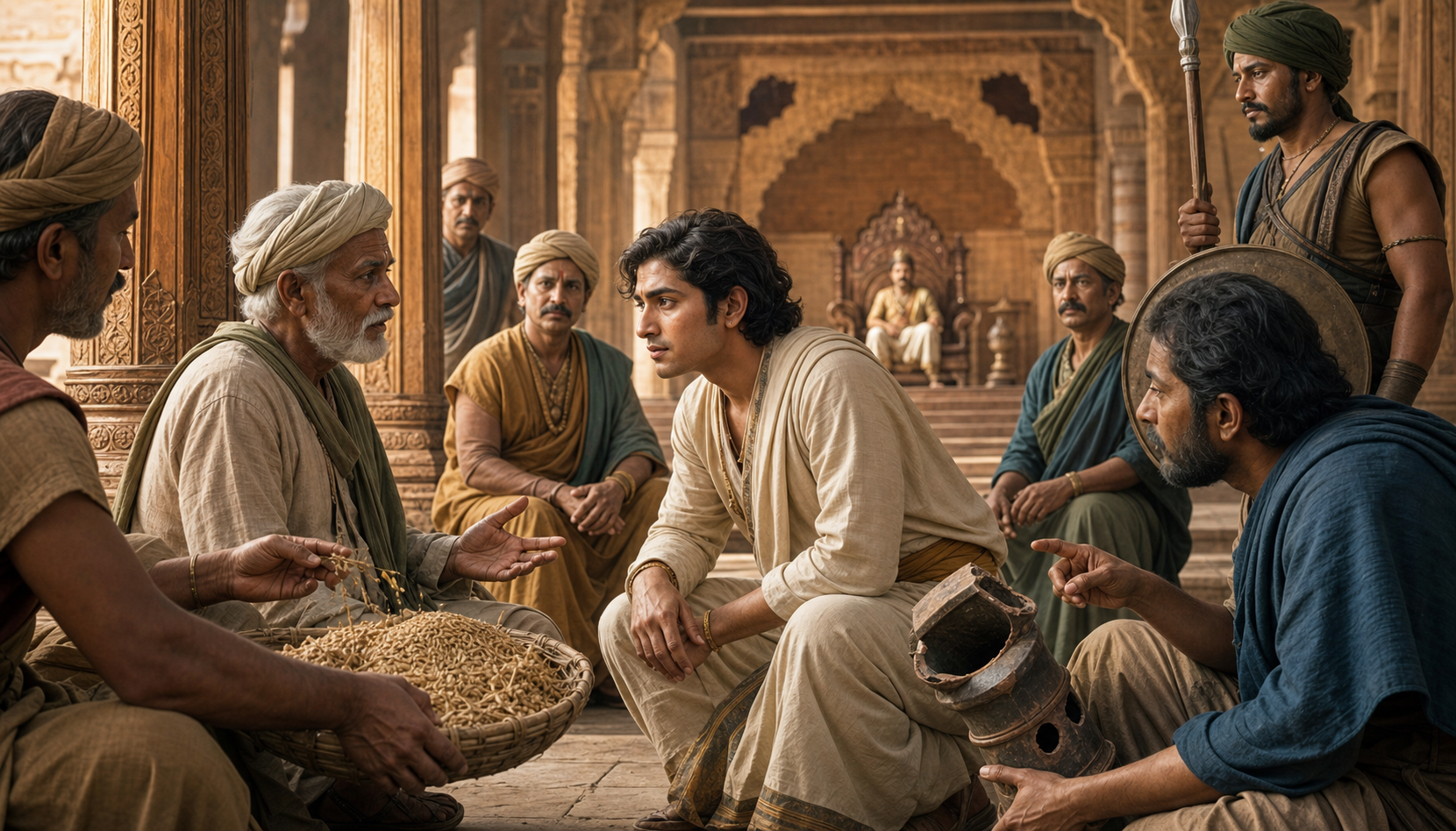 A royal candidate listens to a farmer, artisan, village elder, and guard while ministers observe in an ancient audience hall.