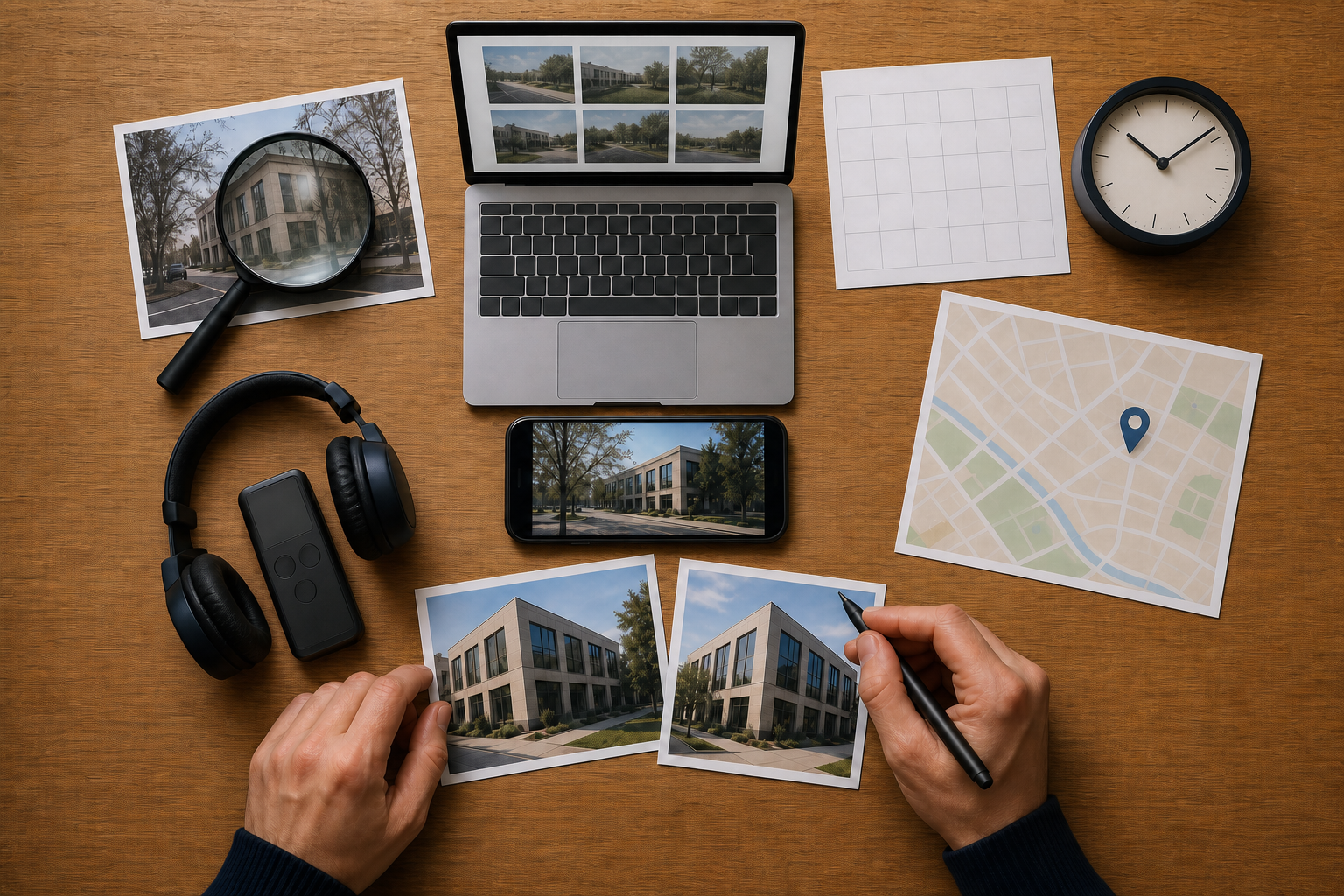 A phone is surrounded by six verification tools, including a magnifying glass, clock, map, headphones, comparison photographs, and laptop.