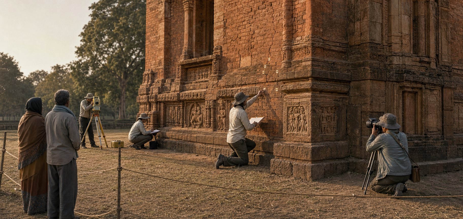 A multidisciplinary heritage team surveys, photographs, and records a medieval masonry site while community observers watch from a temporary boundary.