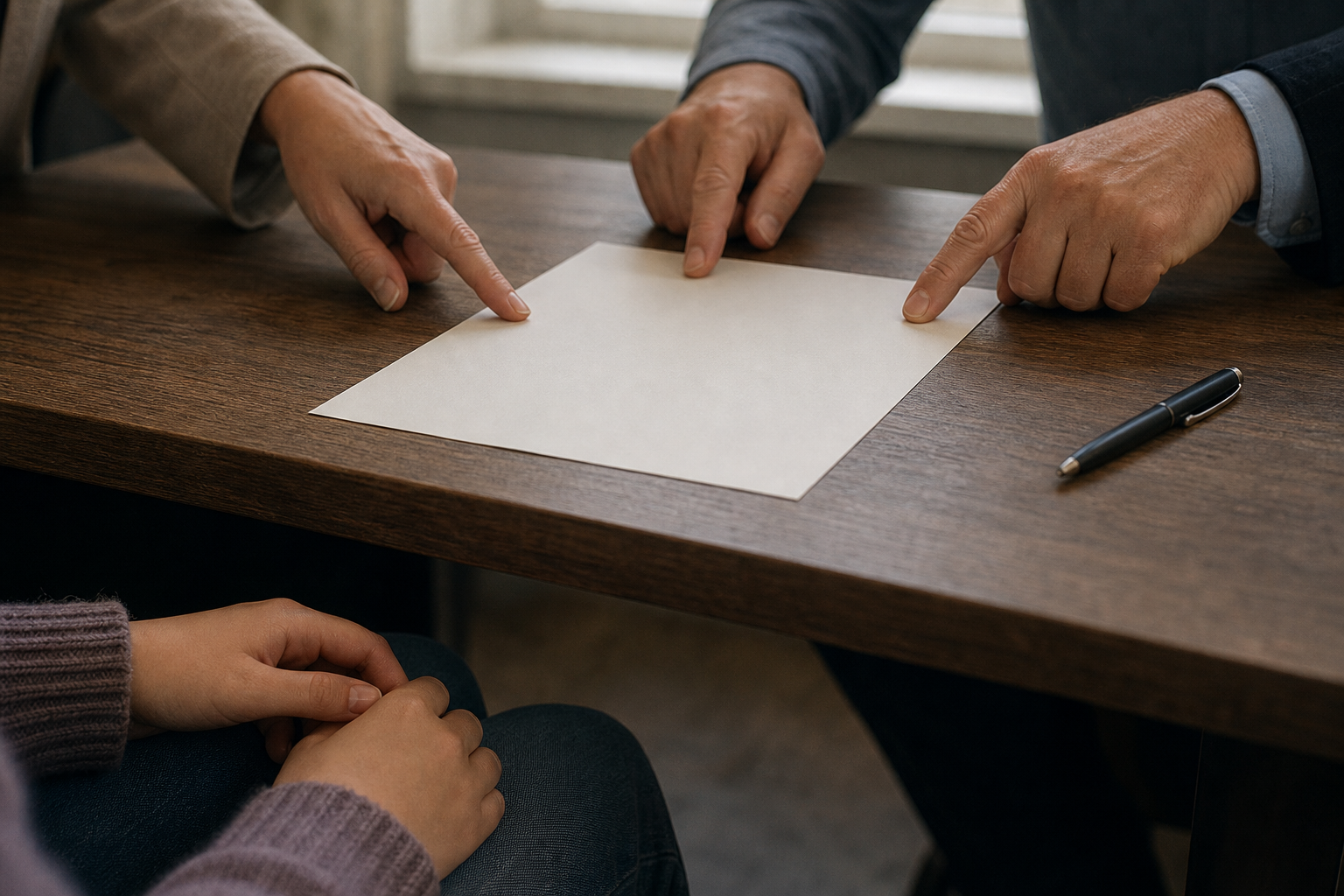 A blank document and capped pen lie on a desk as a girl's hand stays withdrawn and adult hands gesture toward the paper.