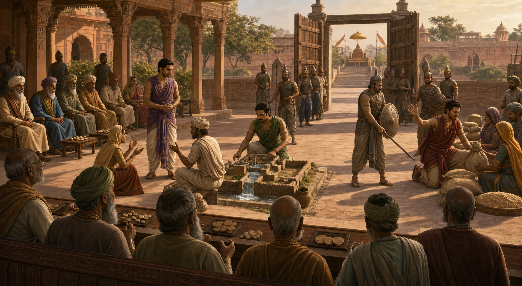 Three succession candidates complete the same public-duty tests in a palace courtyard while a council of elders observes.