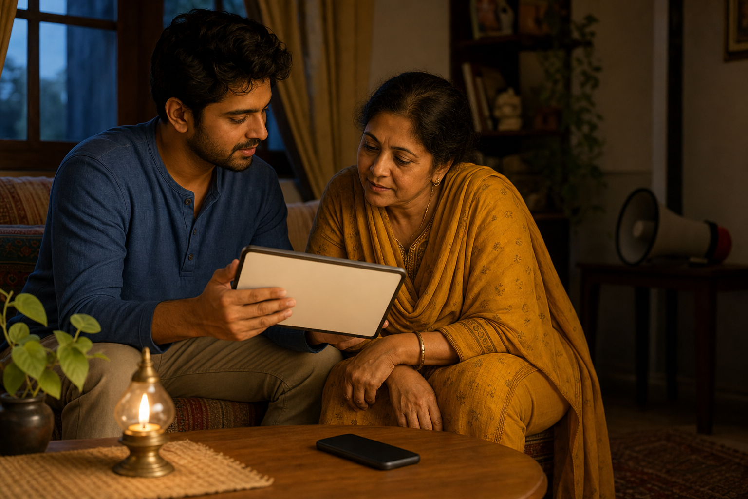 Two people quietly review evidence on a tablet while a phone lies face down and an unused megaphone remains in the background.