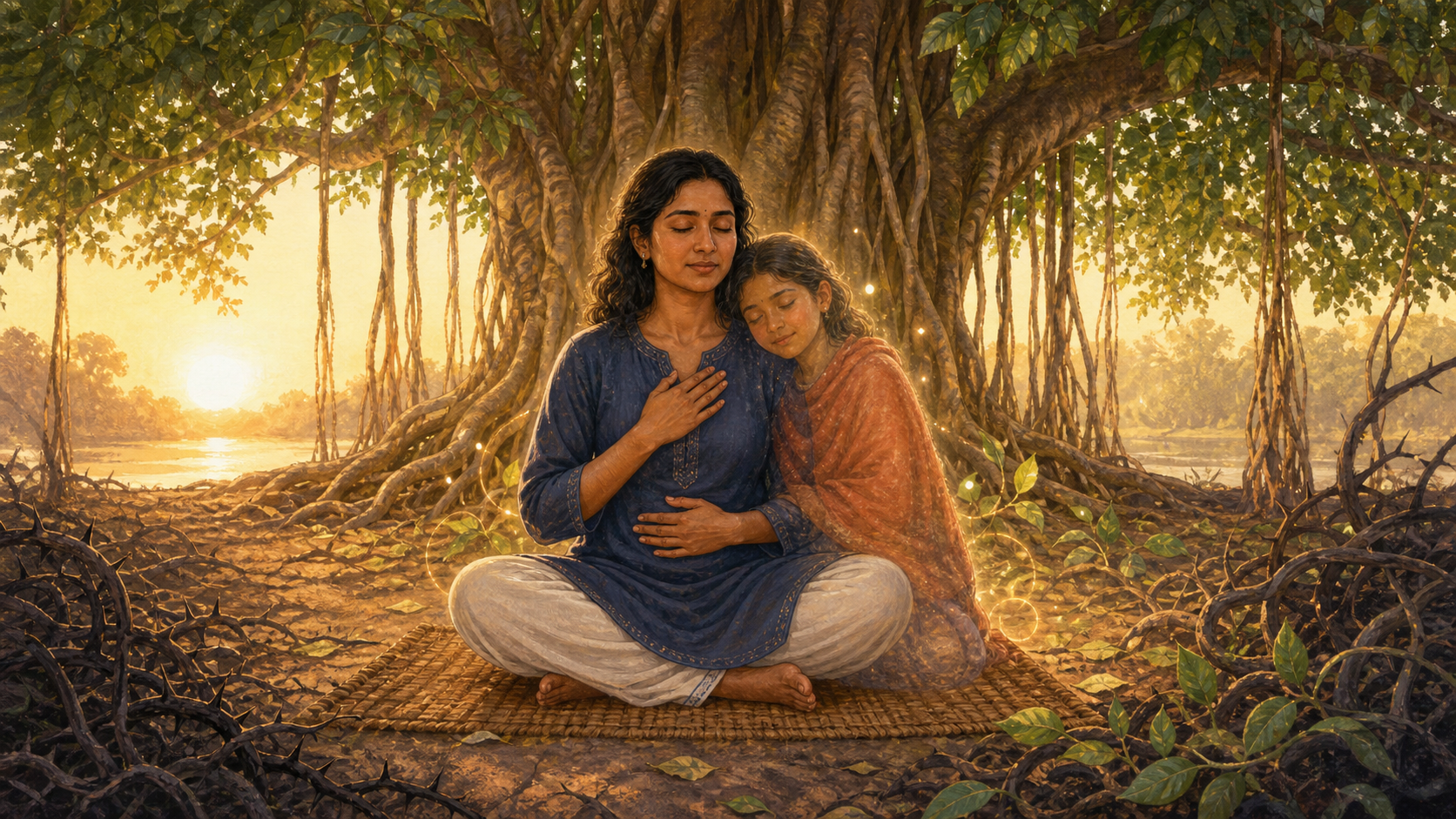An adult and a translucent child sit together beneath a banyan tree as dark tangled shadows soften into roots, leaves, and warm light.