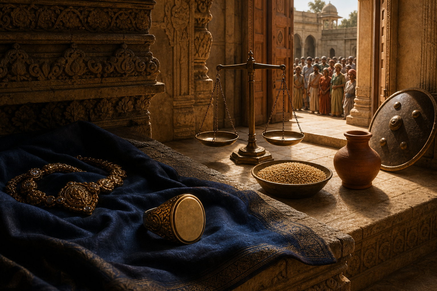 Royal jewelry and an unmarked signet lie in shadow beside illuminated scales, grain, water, and a shield near an open palace doorway.