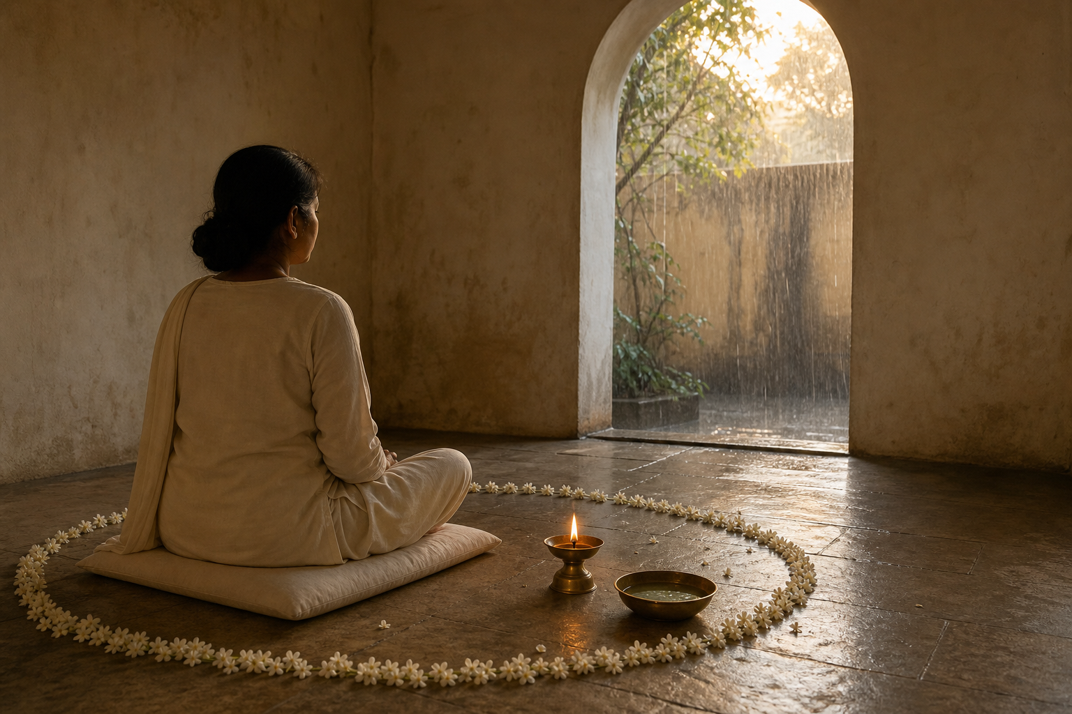 An adult sits on a cotton cushion in a quiet courtyard beside a lit brass lamp, a bowl of water, and a ring of jasmine blossoms while rain falls outside.
