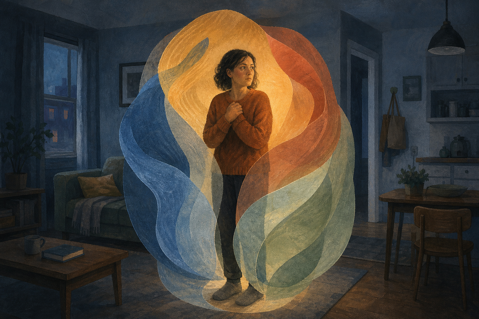 An alert adult stands in a dim apartment surrounded by overlapping translucent shapes that curve around the body like a protective cloak.
