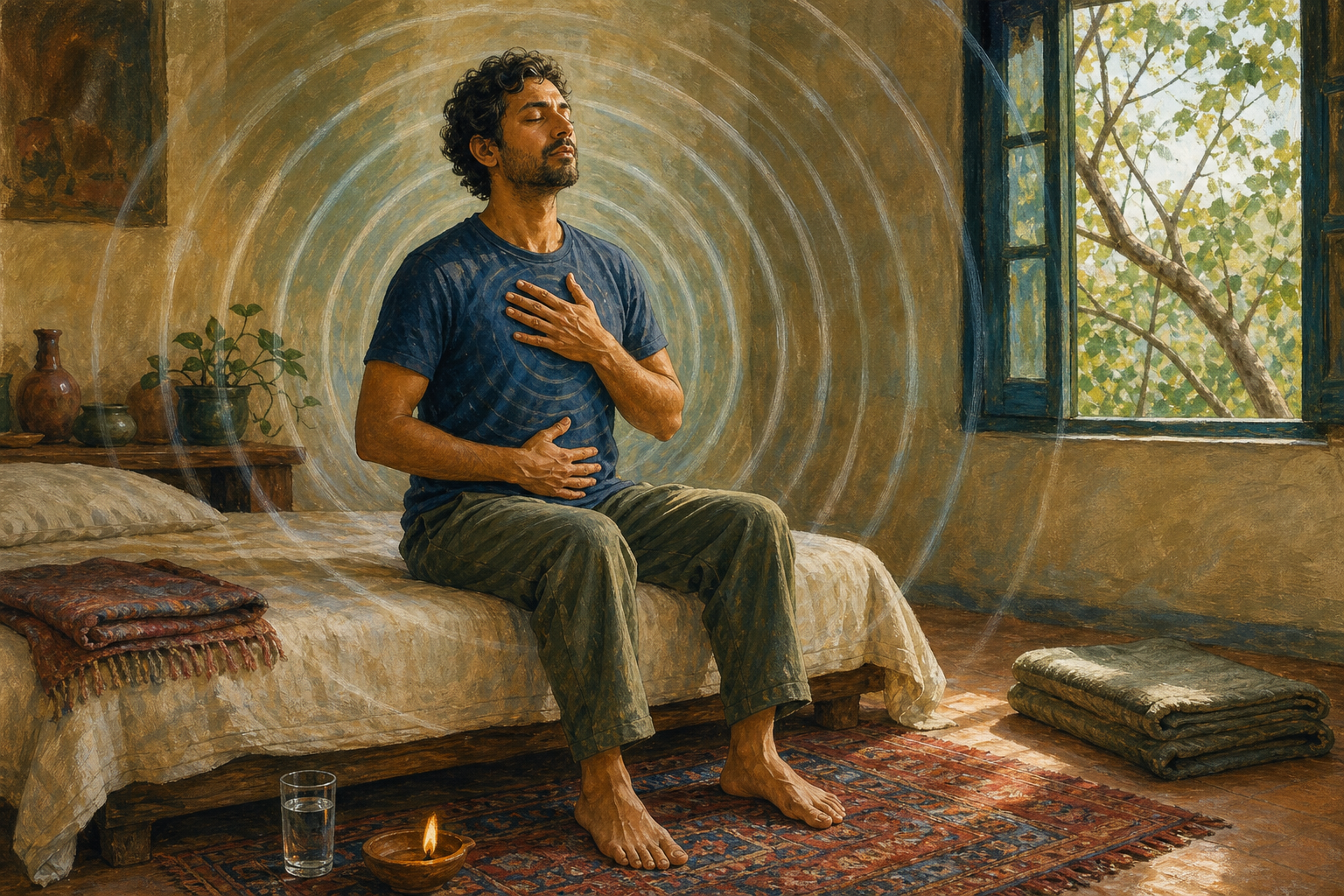 An adult sits on the edge of a bed with feet on a woven rug and hands on the chest and abdomen beside an open window.