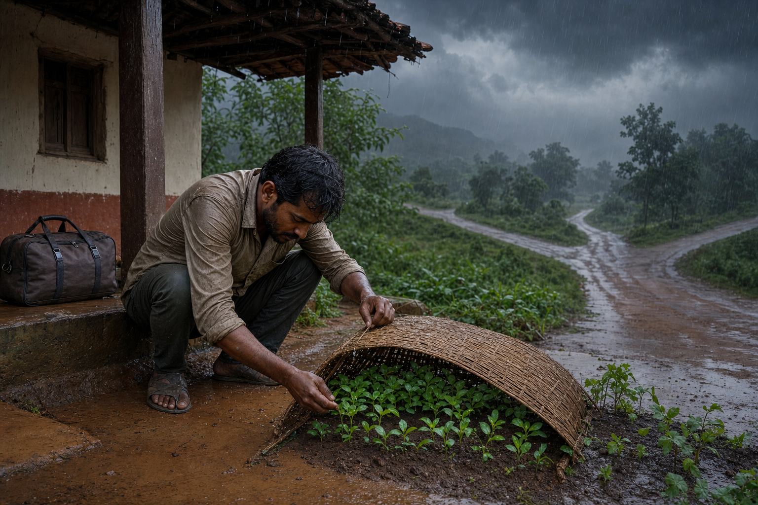 A person covers young seedlings before a monsoon storm while a forked road fades into rain behind the house and a closed travel bag rests under the veranda.