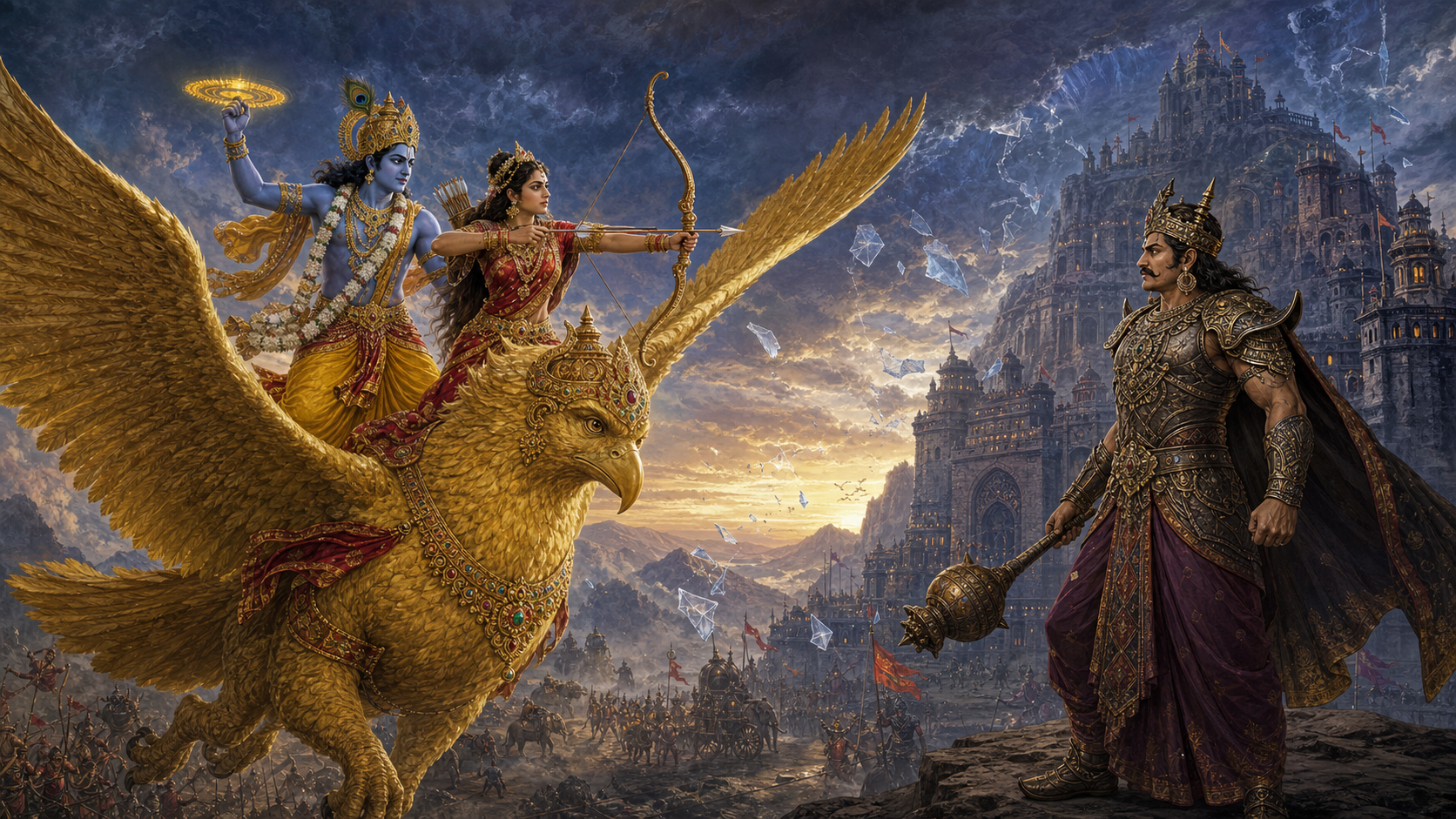 Krishna and Satyabhama face the armored Narakasura from Garuda above the fortified city of Pragjyotisha at dawn.