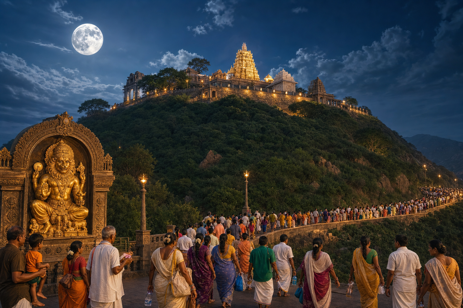 Devotees walking around Simhagiri hill under the Ashada full moon, with a glowing South Indian temple and golden Narasimha shrine.