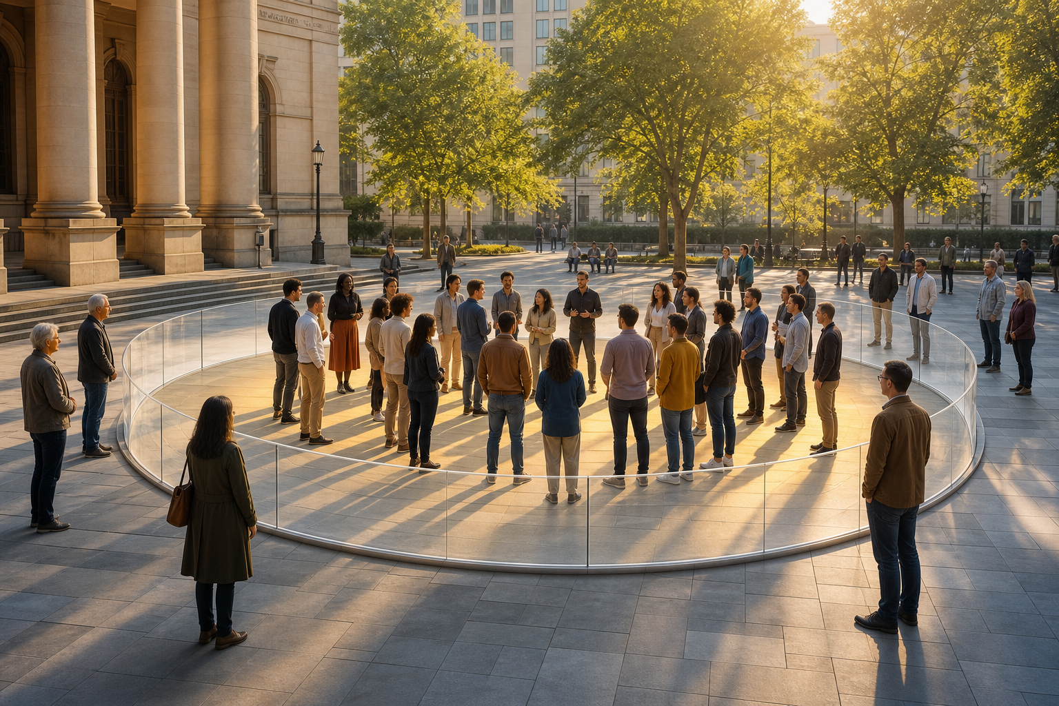 A peaceful group gathers in a sunlit civic plaza within a transparent circular boundary.