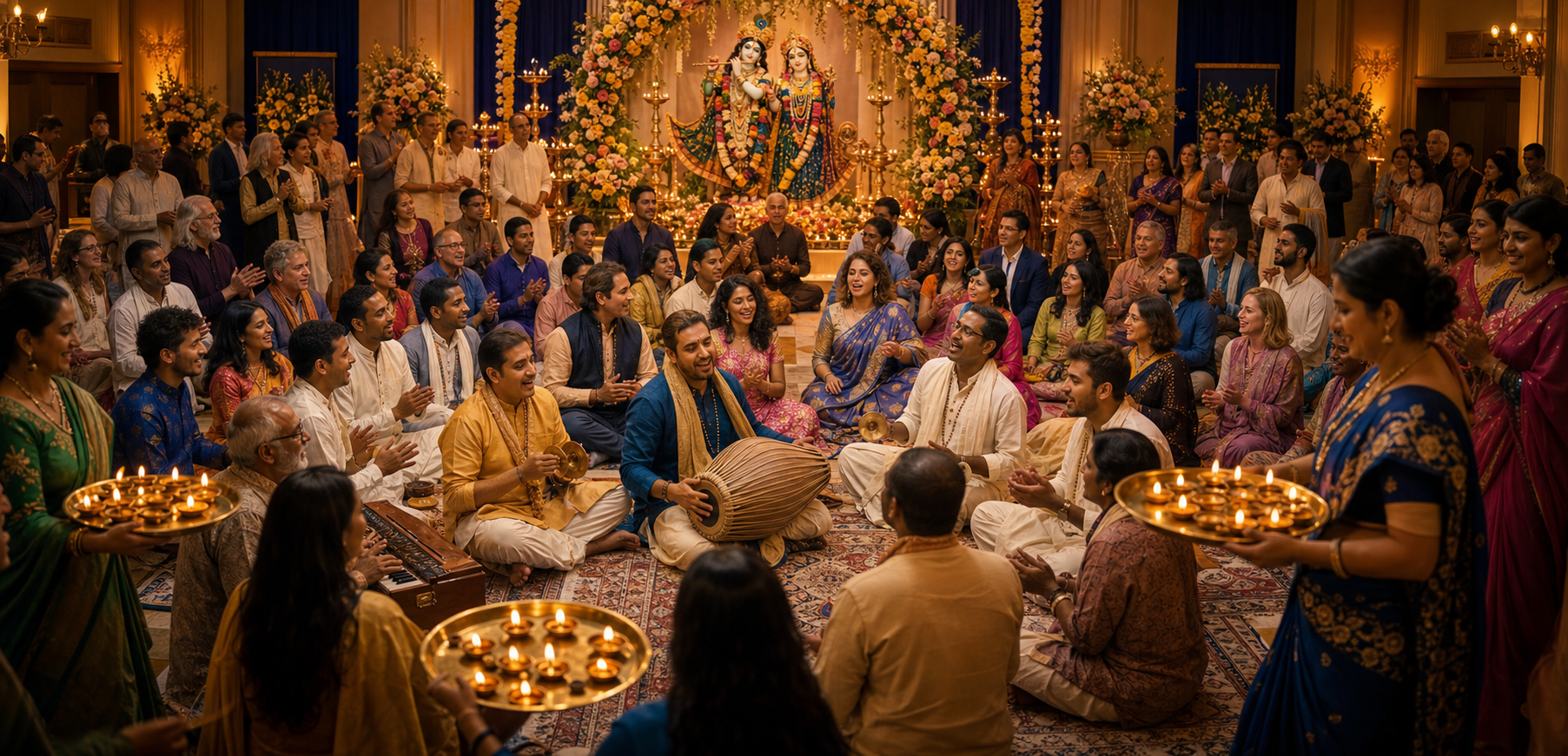 A multigenerational congregation gathers around drummers and hand-cymbal players during a warmly lit Krishna-bhakti gala.