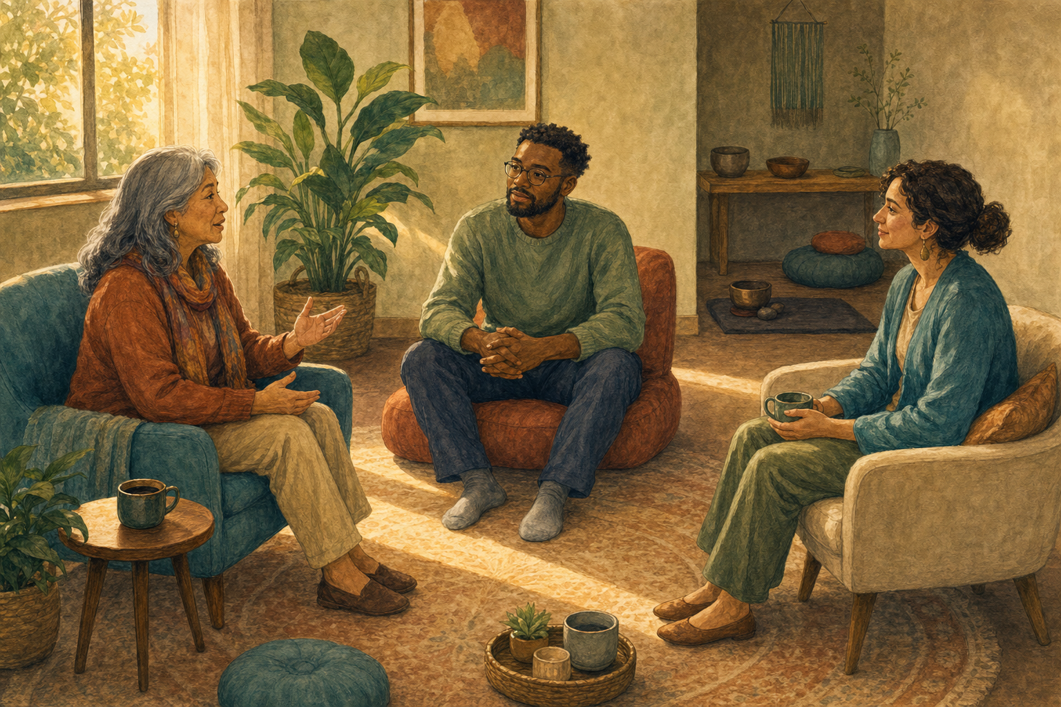Three adults sit in an open circle in a softly lit counseling room, with one person speaking while the others listen.