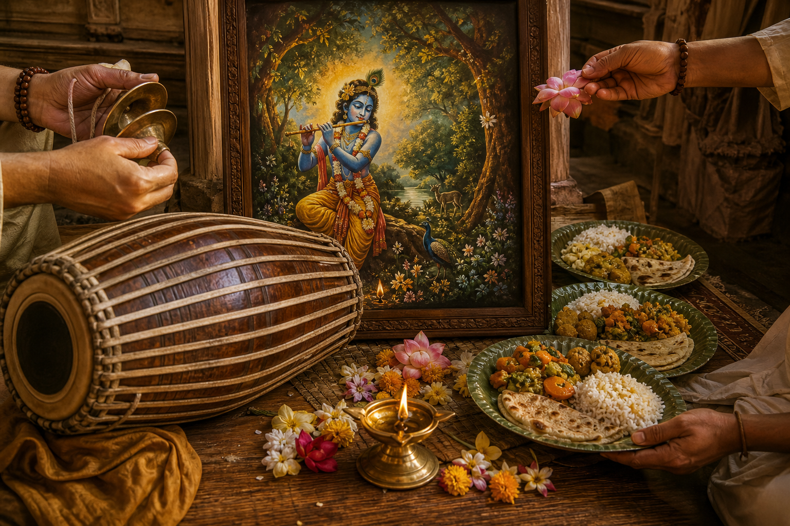 A drum, hand cymbals, devotional Krishna painting, flowers and plates of vegetarian prasadam are arranged in a temple-community space.