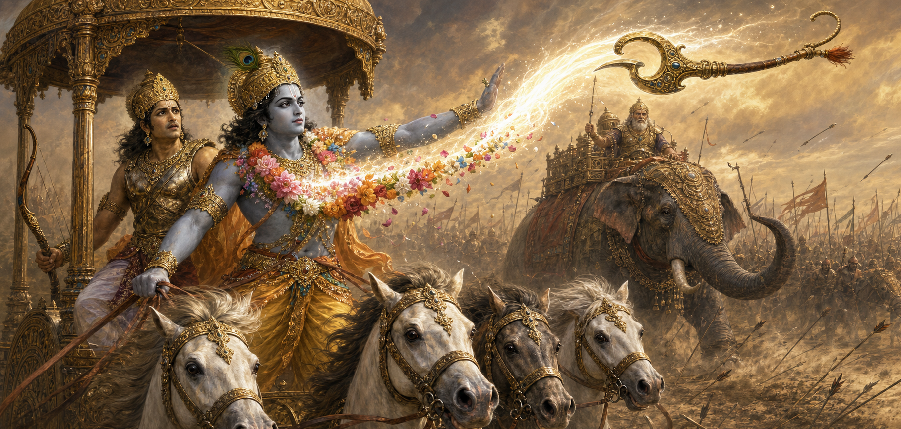 Krishna shields Arjuna as a radiant weapon sent by the elephant-riding Bhagadatta transforms into a flower garland on Krishna's chest.