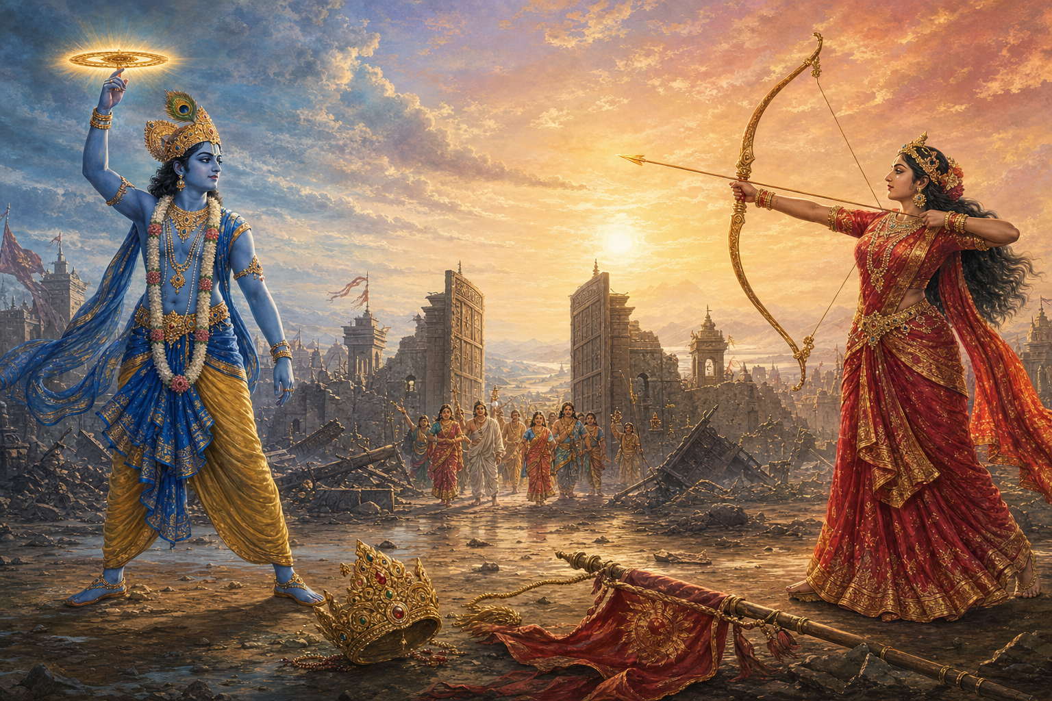 Krishna with a raised discus and Satyabhama with a bow appear in two balanced battlefield scenes joined by Narakasura's fallen crown and an open gate.
