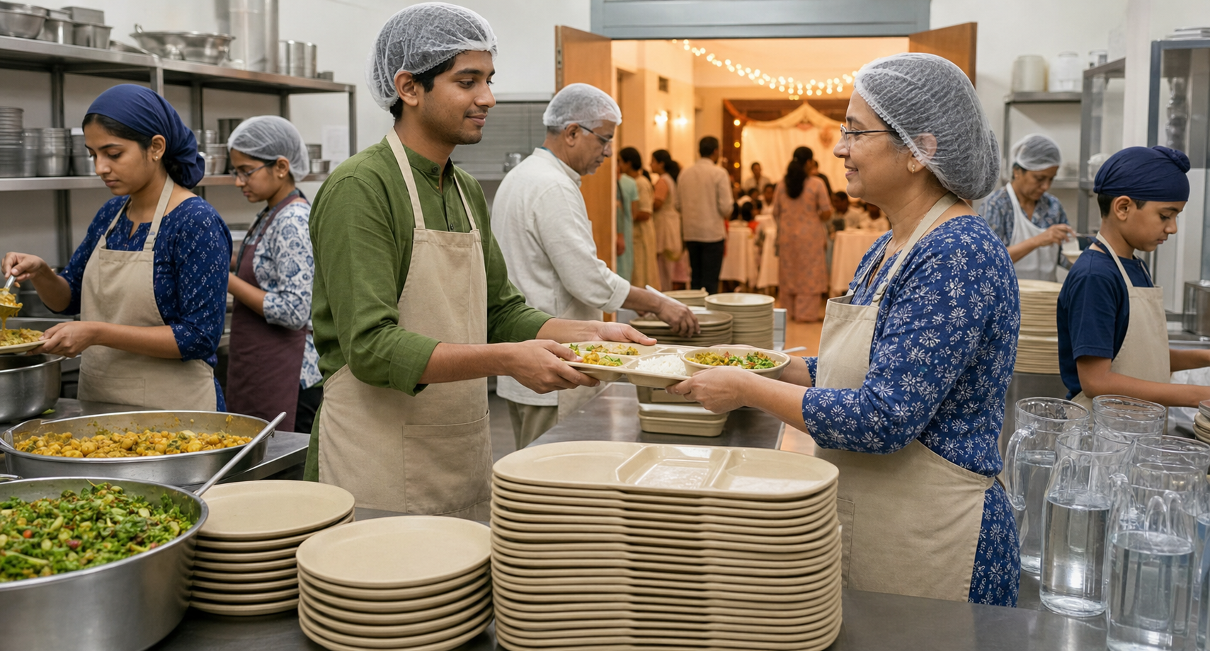 Volunteers portion vegetarian food, stack plates and prepare serving trays in a clean community kitchen.