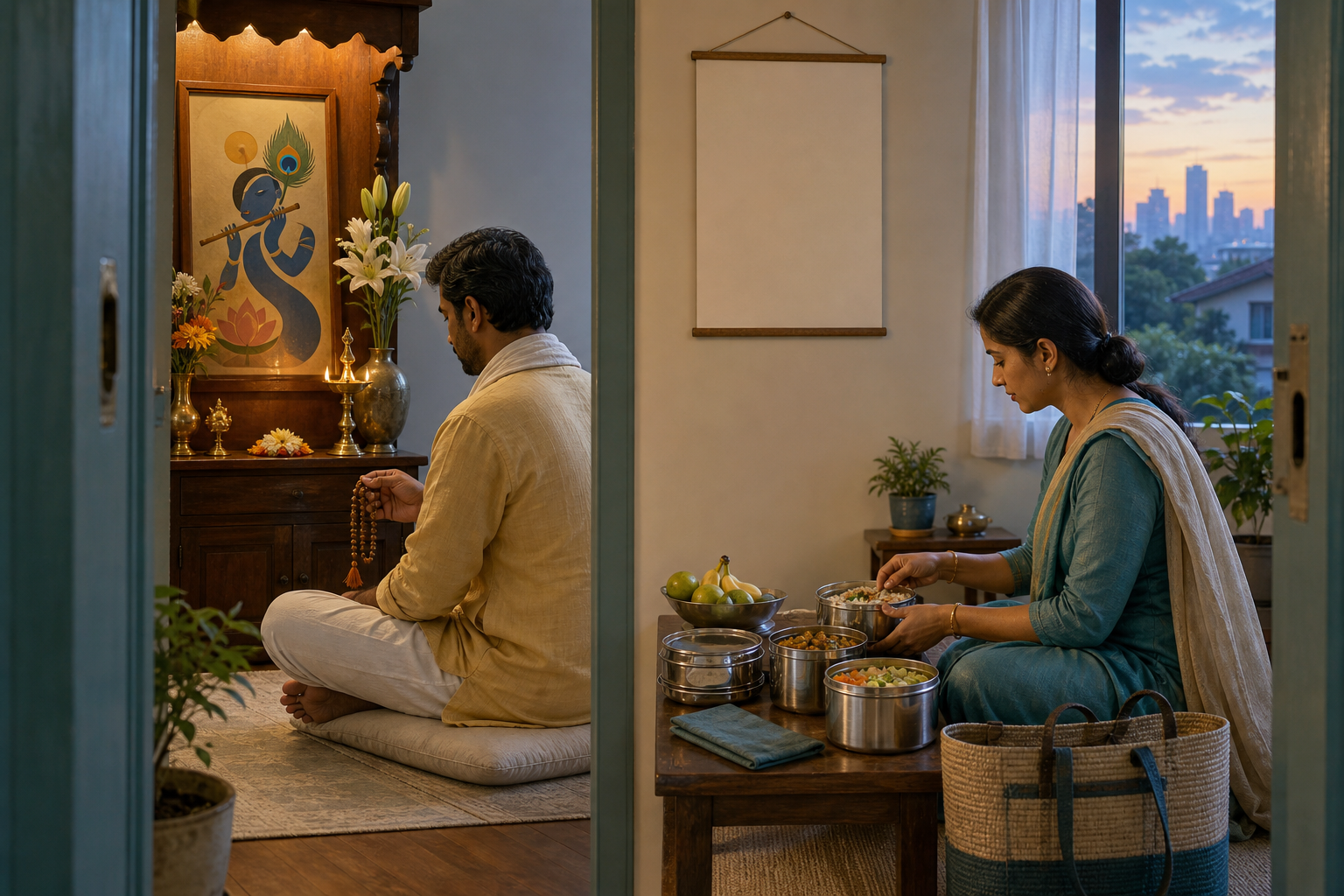 A devotee uses prayer beads near a flower-and-lamp home altar while a family member prepares vegetarian food for service.