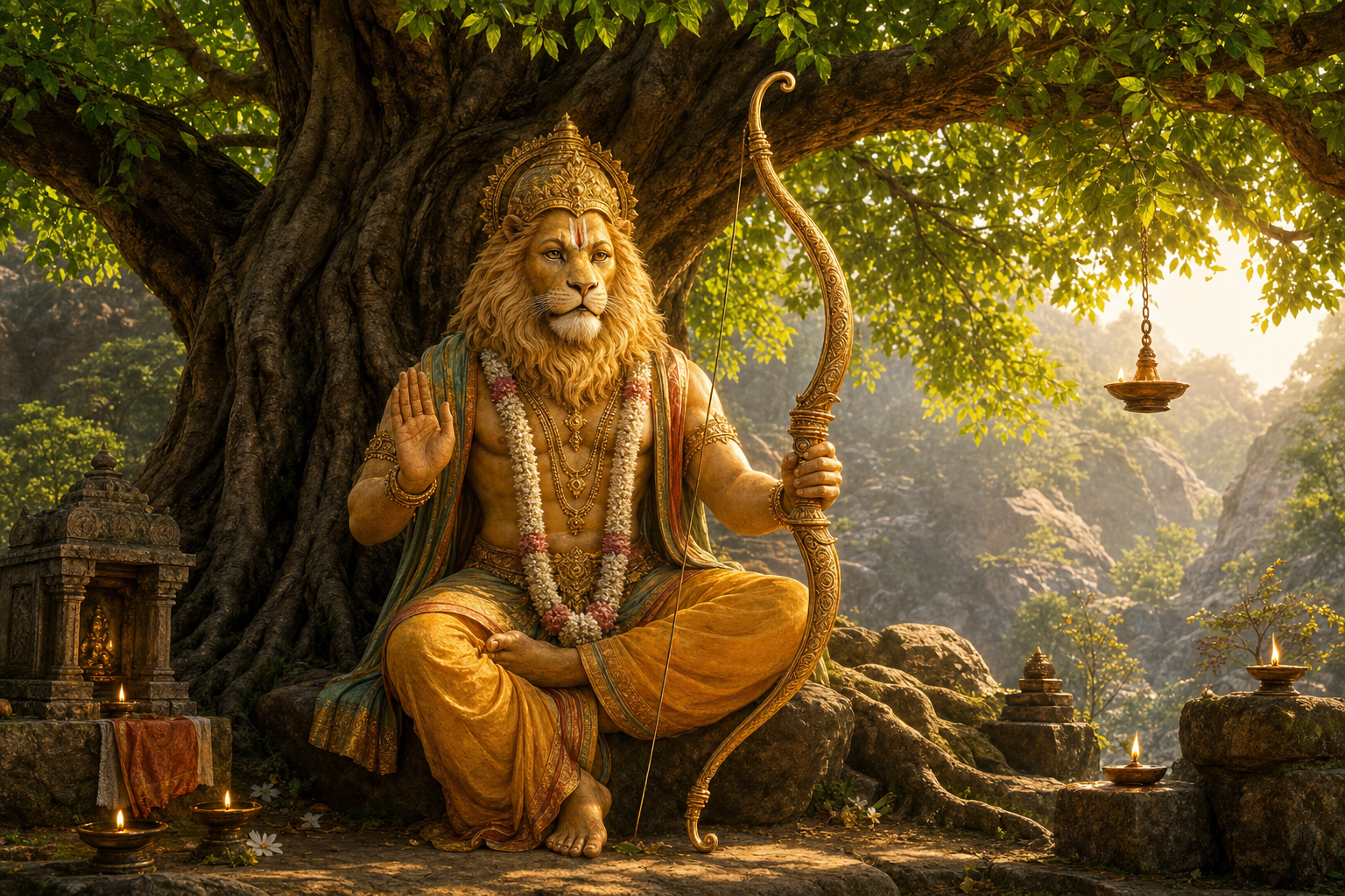 Karanja Narasimha sits beneath a leafy karanja tree holding a bow, surrounded by forest rocks and small oil lamps at Ahobilam.
