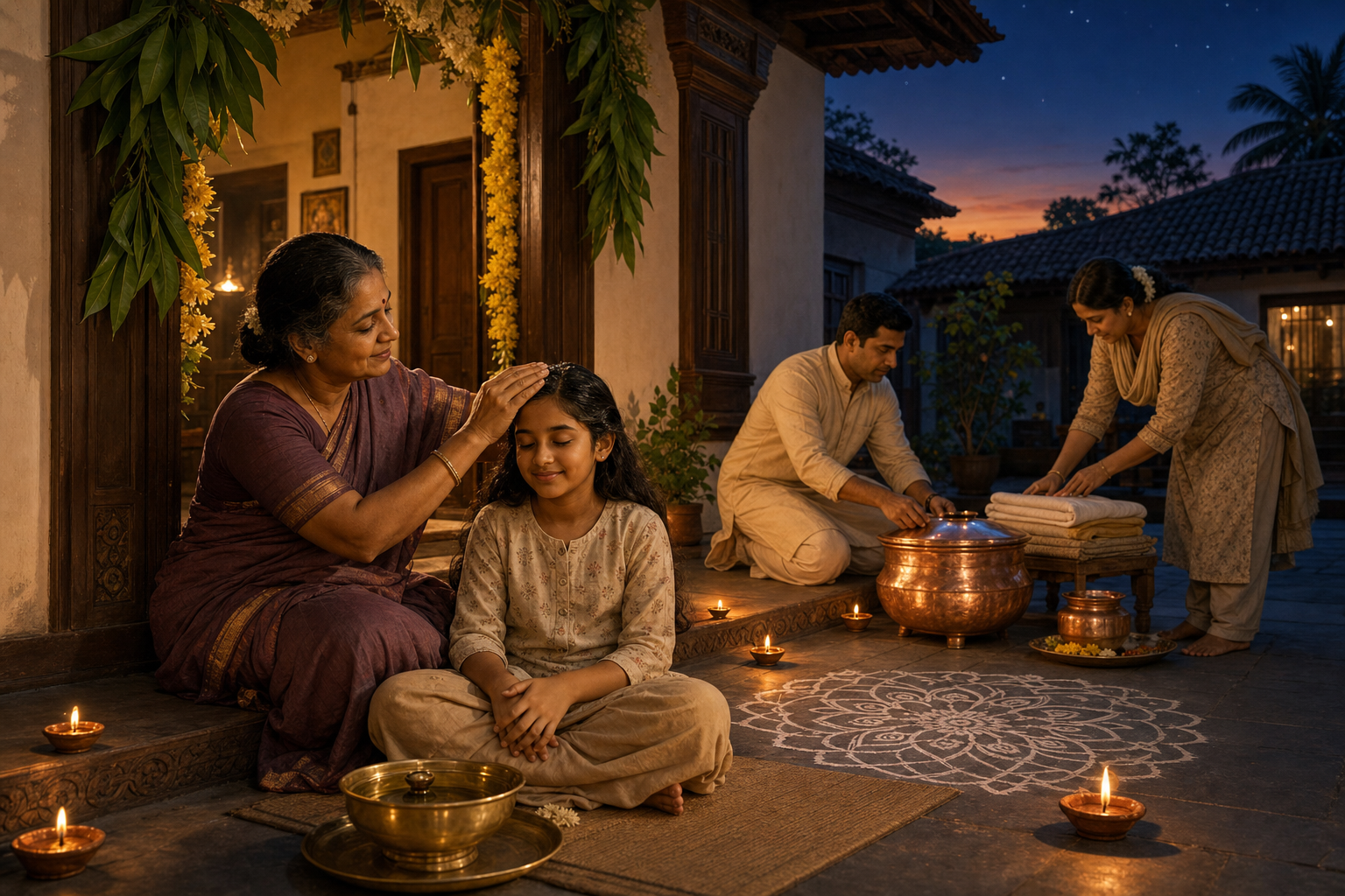 A family prepares for a predawn Naraka Chaturdashi oil bath beside brass vessels and glowing clay lamps in a decorated courtyard.