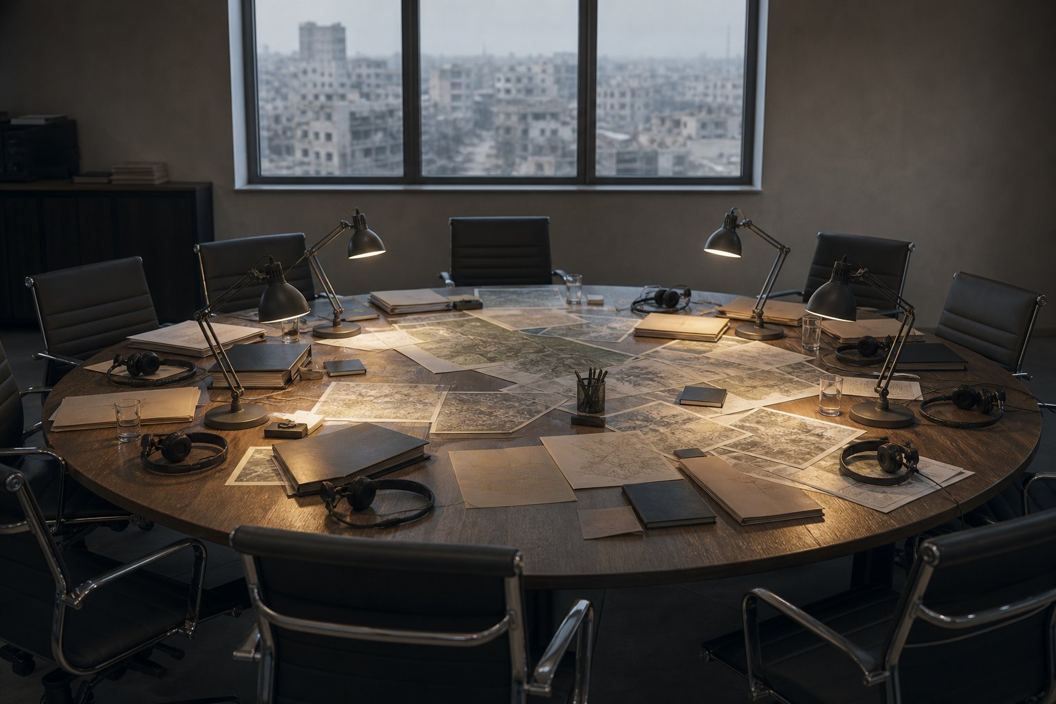 Several equal chairs surround a round inquiry table with maps, evidence folders and overlapping pools of lamplight, with a damaged city visible beyond.