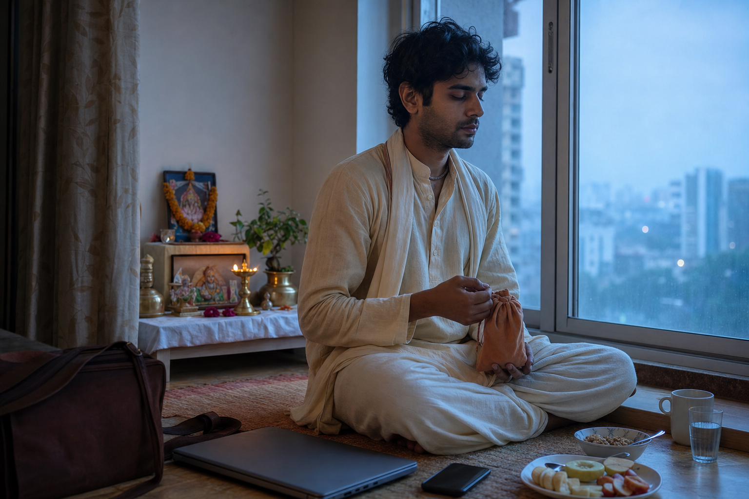 A devotee chants with prayer beads beside a small home altar at dawn, with a phone, laptop, work bag, and breakfast nearby.