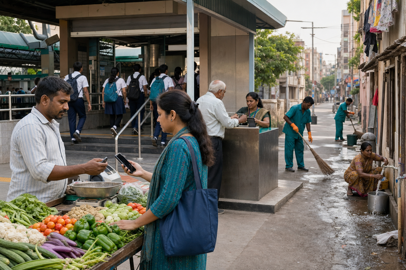 A vendor, students, an older resident and sanitation workers use everyday digital, transit, service and water infrastructure in an Indian town.