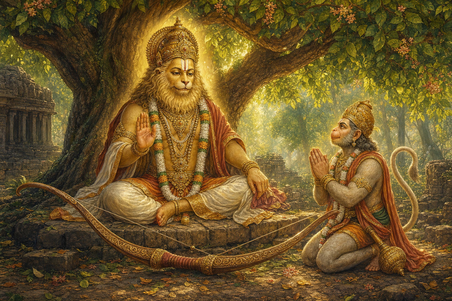 Karanja Narasimha holds a bow beneath a karanja tree while Hanuman kneels nearby with folded hands.