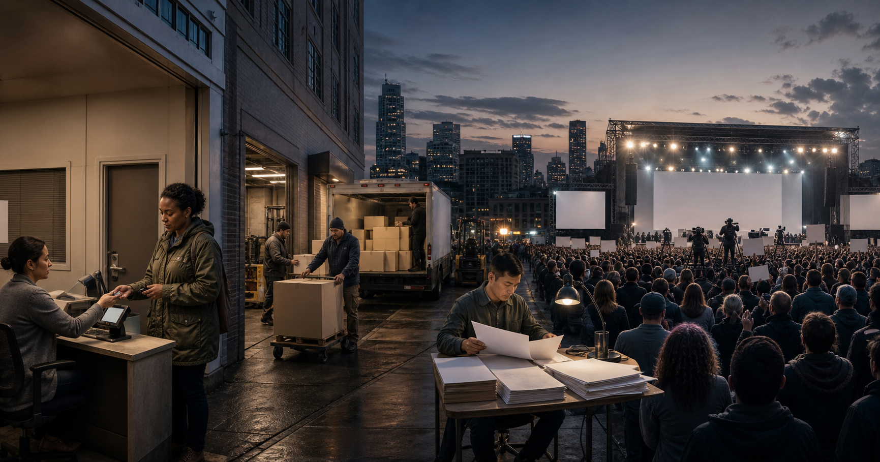 A digital benefit office, an organized small-business freight operation and a brightly lit political rally occupy three connected parts of an urban scene.