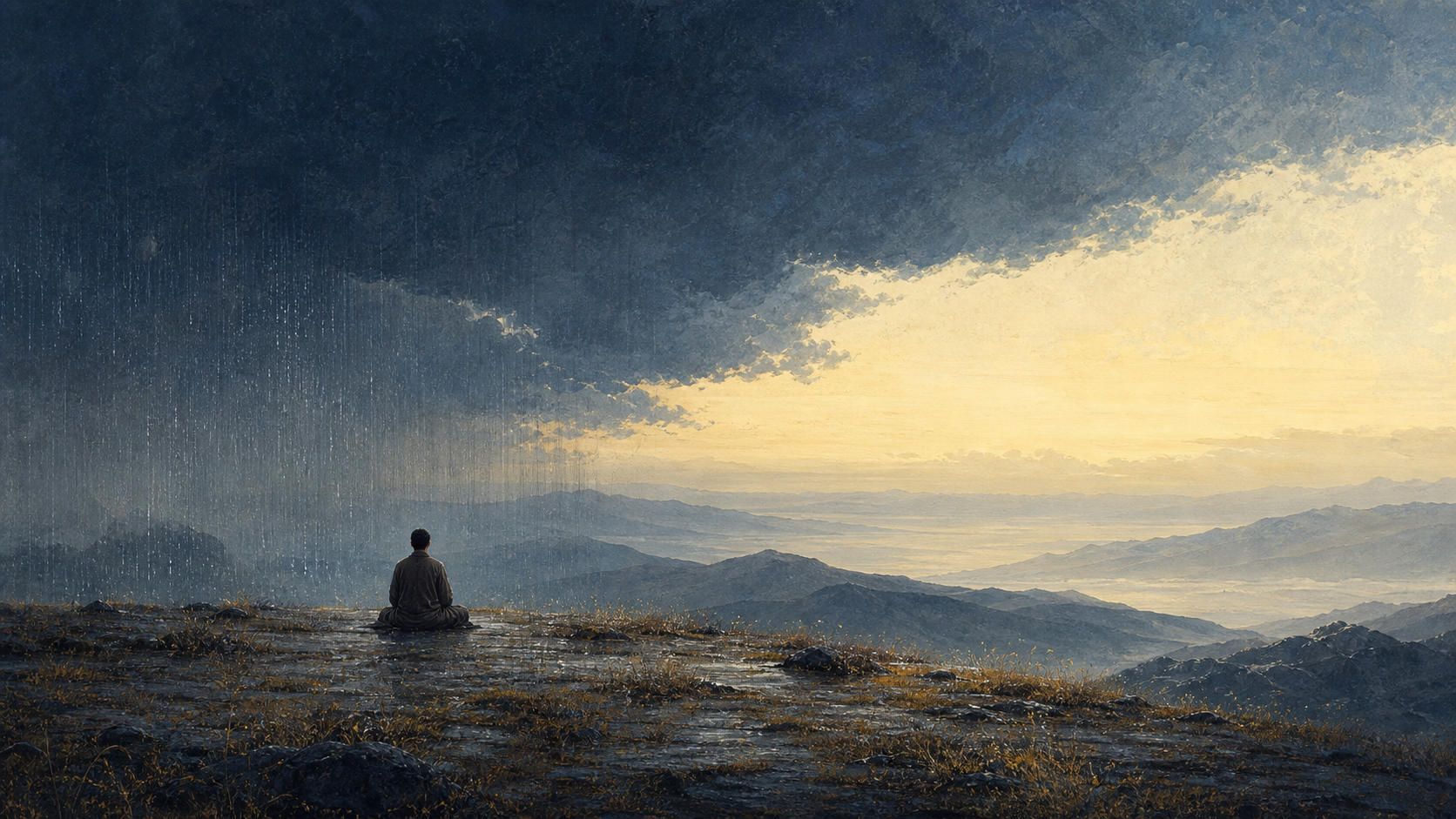 A solitary meditator sits on a high plateau beneath a dark monsoon cloud as fine rain falls and a clear golden horizon opens beyond the mountains.