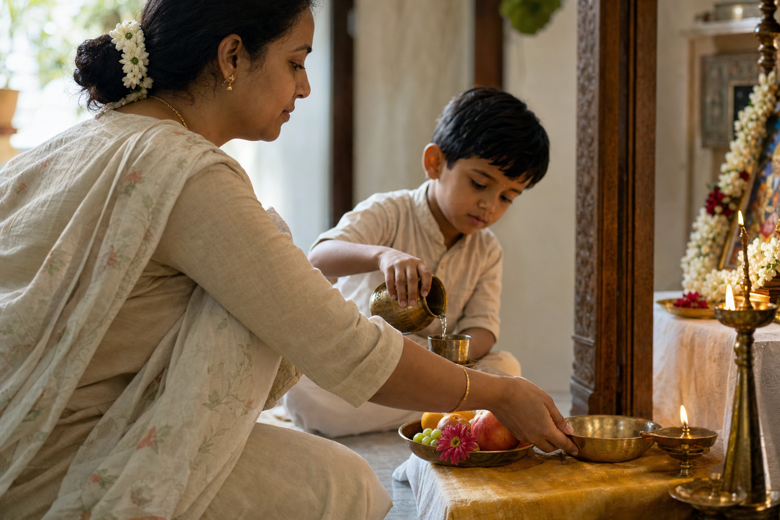 An adult and child prepare fruit, a flower, and water as offerings at a small home altar.